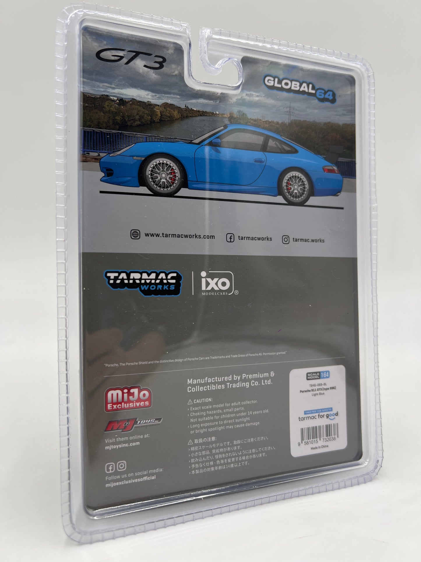 Tarmac Works x IXO Models Mijo Exclusives #69BL Porsche 911 GT3 Type 996 Light Blue 238F