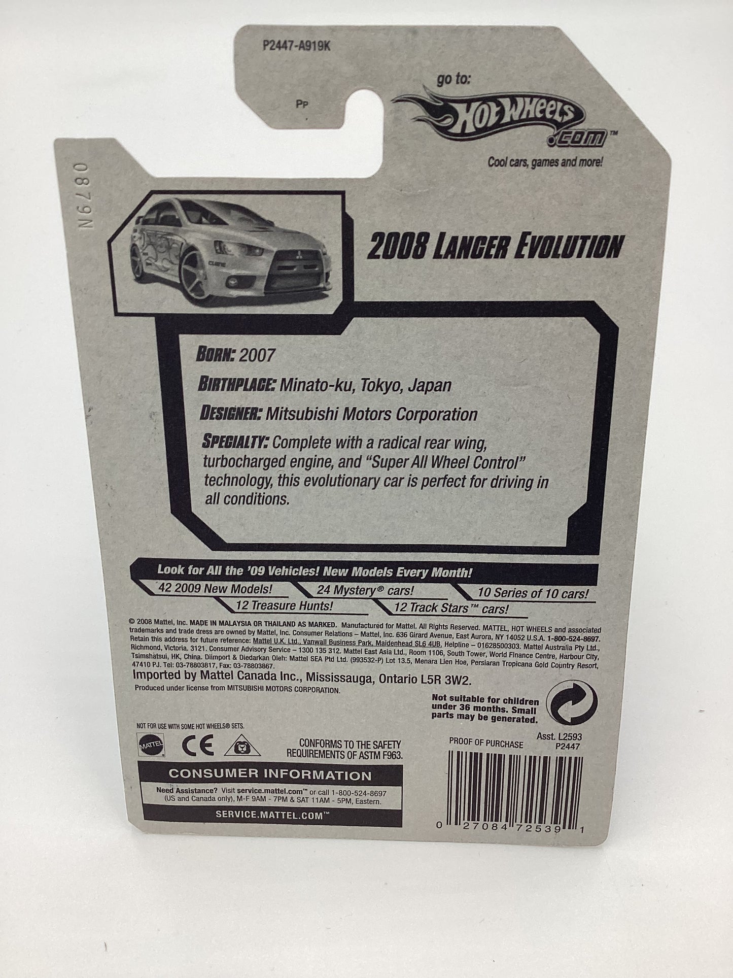 2009 Hot wheels #127 2008 Lancer Evolution Walmart exclusive FTE White with protector