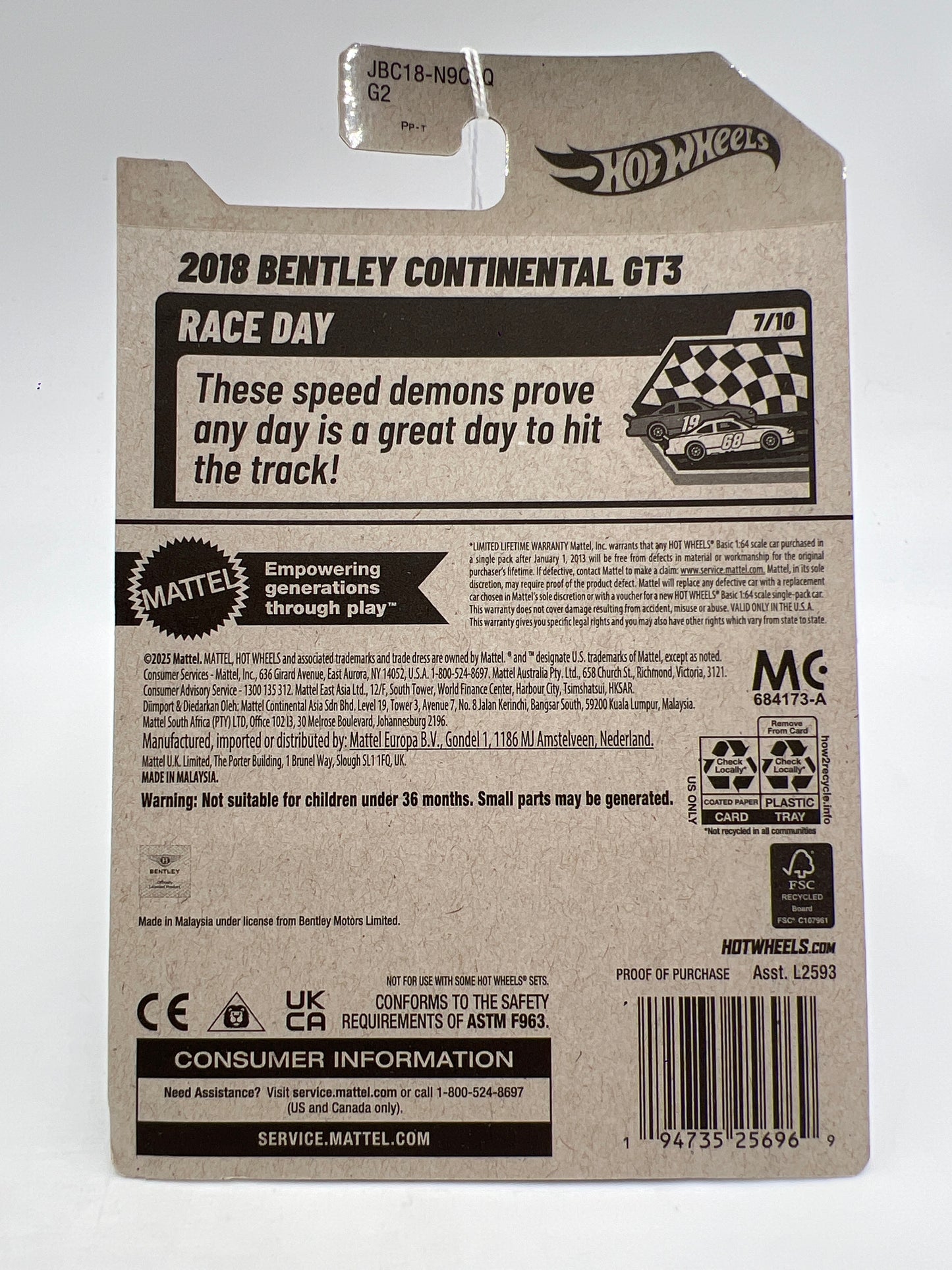2025 Hot Wheels Q Case Race Day #162 2018 Bentley Continental GT3 Gold 62D