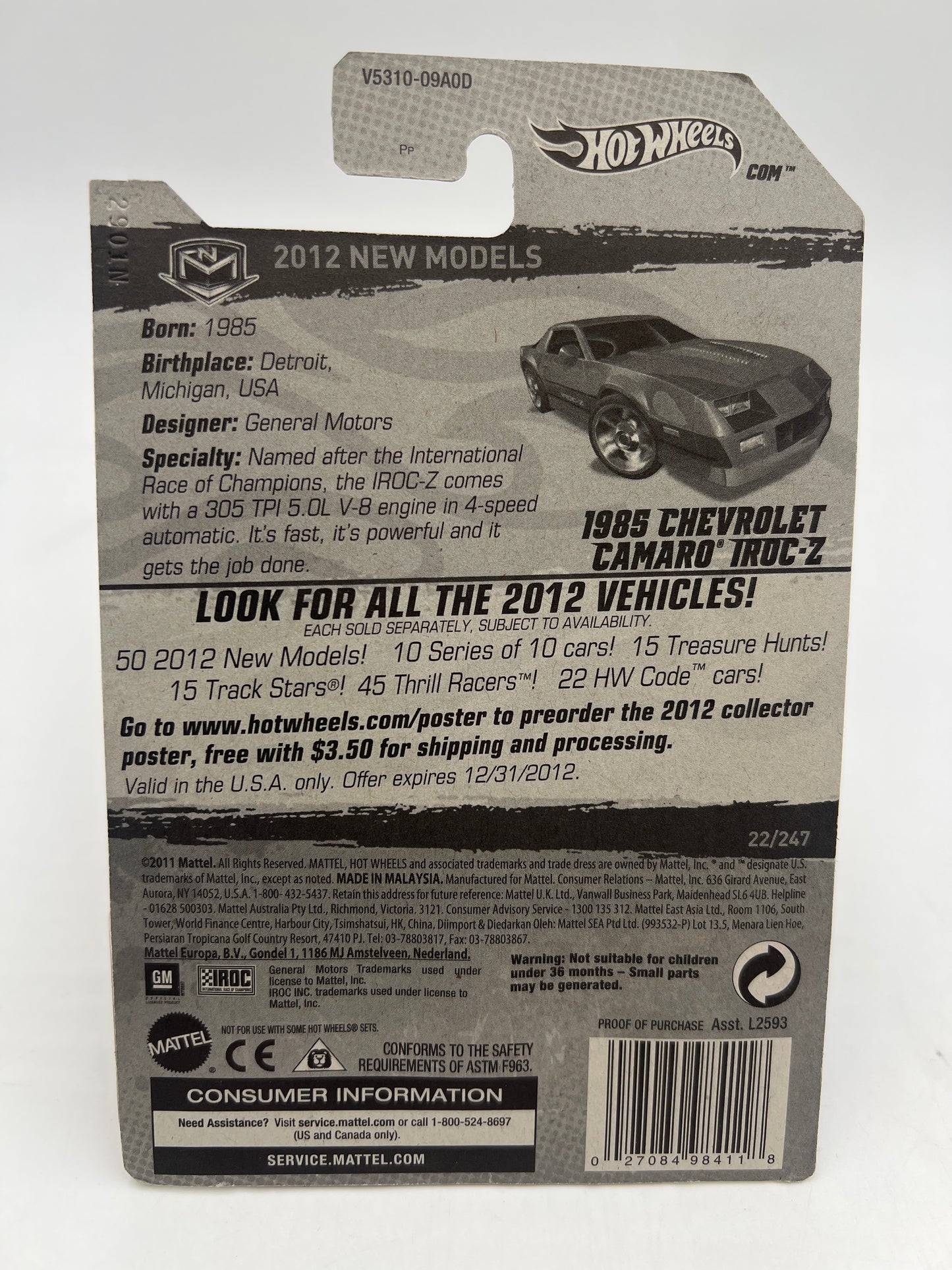 2012 Hot Wheels New Models #22 1985 Chevrolet Camaro IROC-Z Red W/Protector