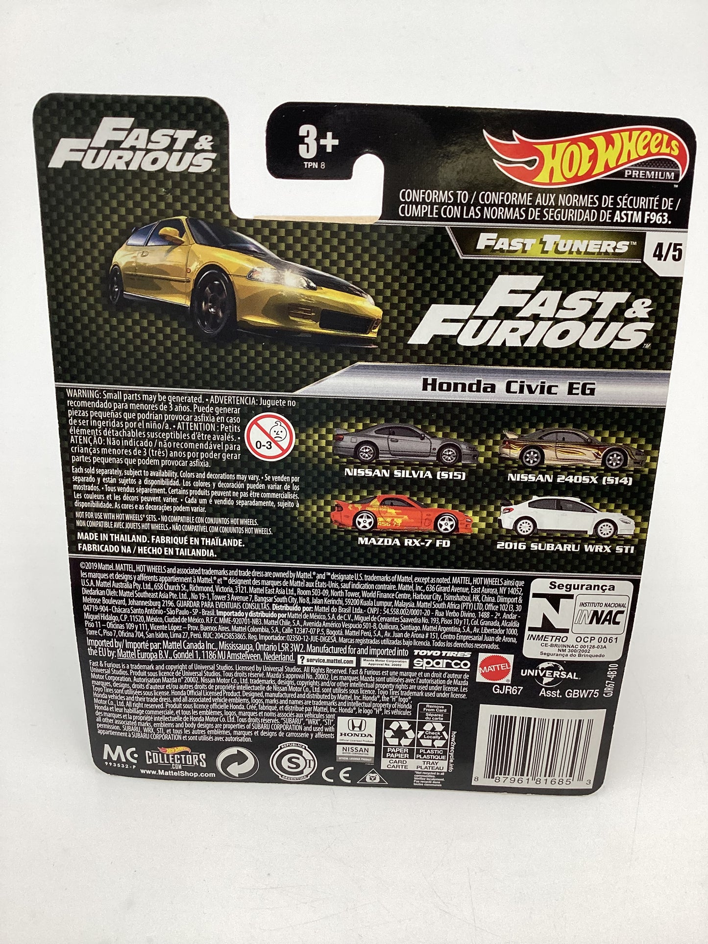 Hot Wheels Premium  Fast & Furious Fast Tuners #4 Honda Civic EG Yellow W/Protector