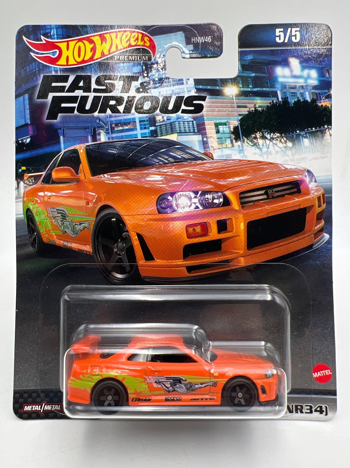 Hot Wheels Premium Fast & Furious #5 Nissan Skyline GT-R BNR34 Orange W/Protector