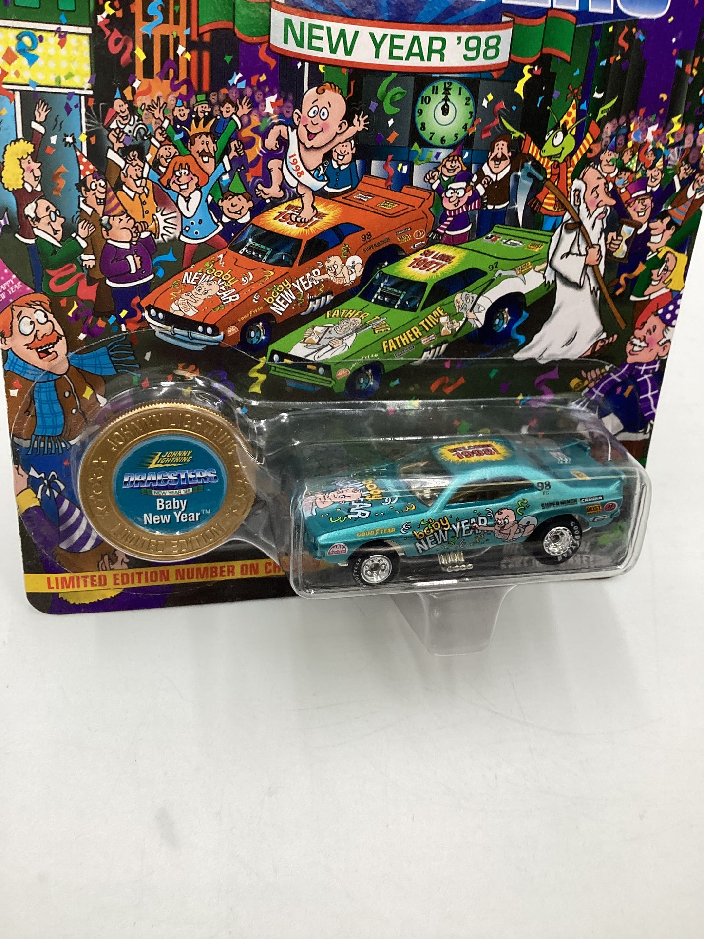 Johnny Lightning Dragsters New Year 98 #8595/15000 Baby New Year Blue Crease Left Side