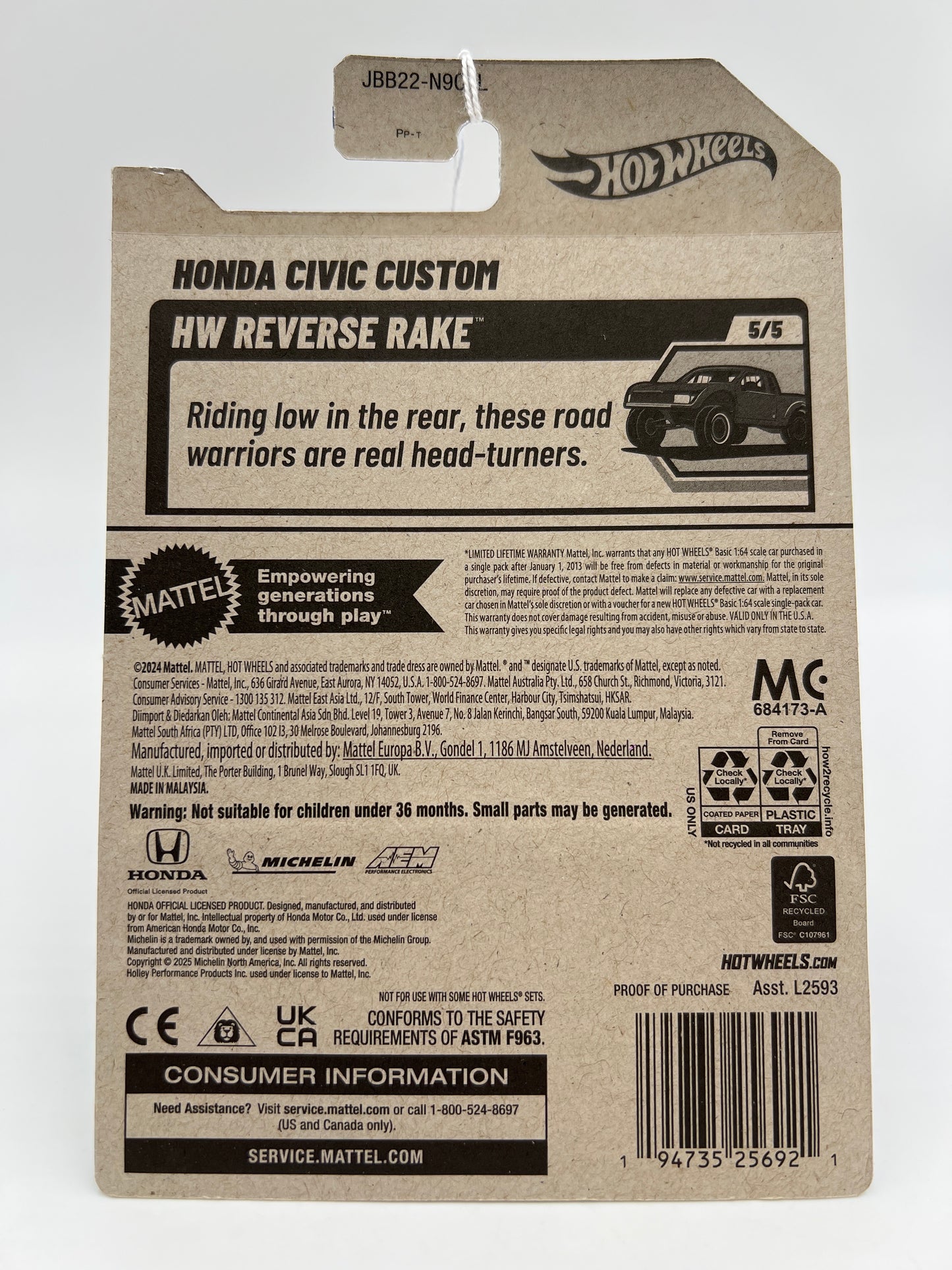 2025 Hot Wheels L Case Reverse Rake #201 Honda Civic Custom 77C