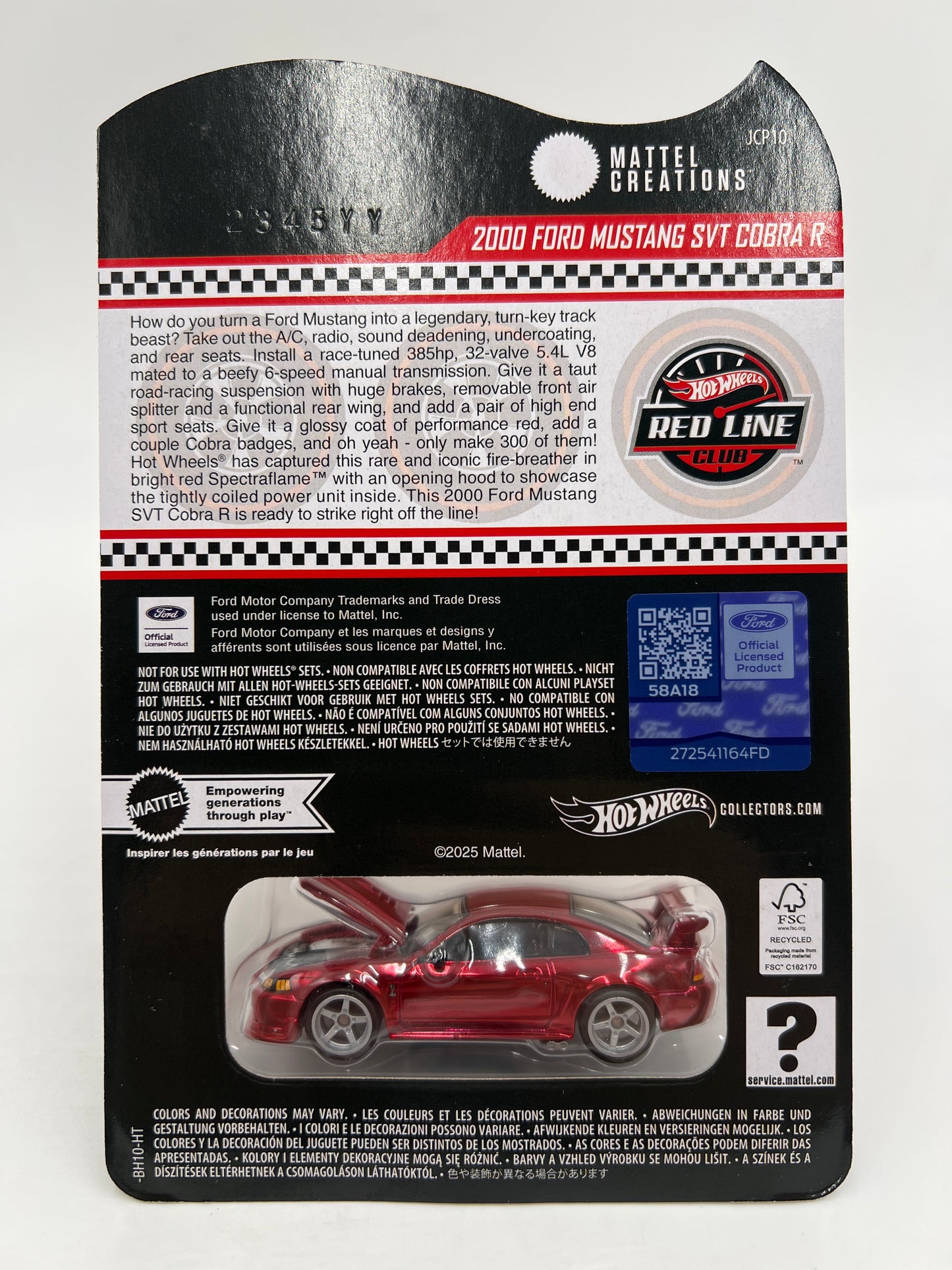 2025 Hot Wheels RLC Exclusive 2000 Ford Mustang SVT Cobra R Red W/Protector