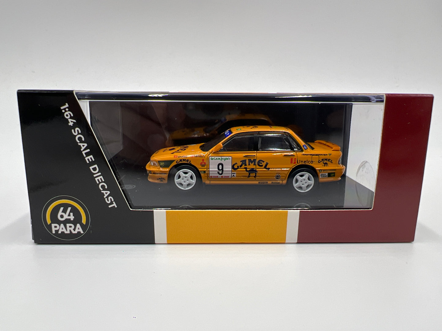 Para64 1:64 Scale Diecast Mitsubishi Motors 1988 Mitsubishi Galant VR-4 Yellow Camel