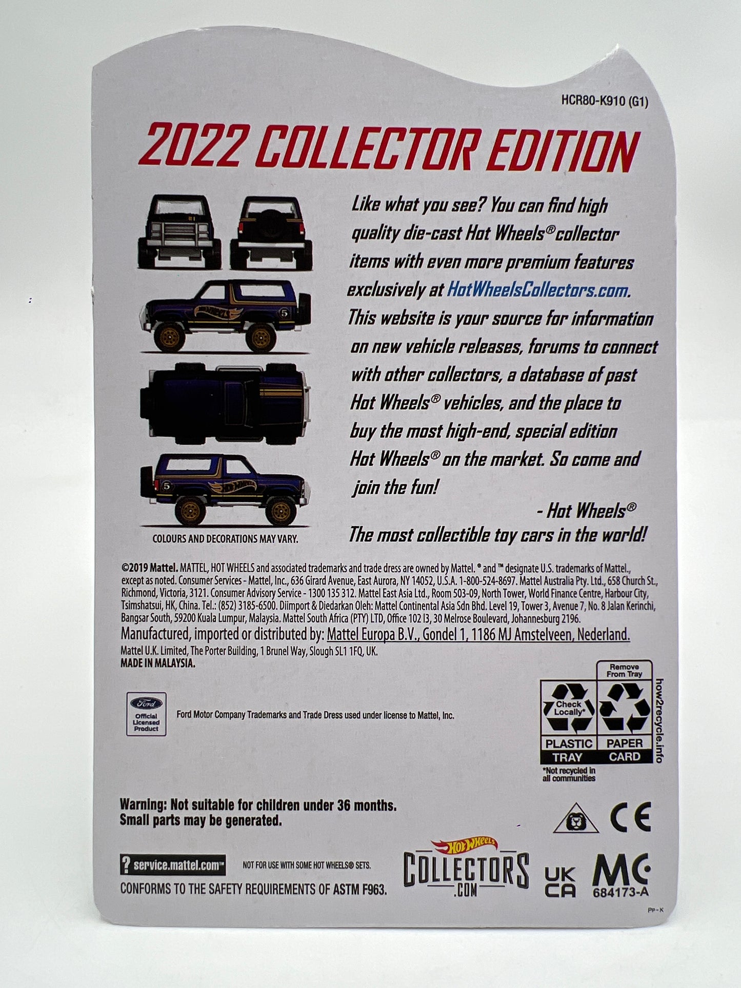 2022 Hot Wheels RLC Collector Edition Walmart Mail In #5 85 Ford Bronco Blue W/Protector