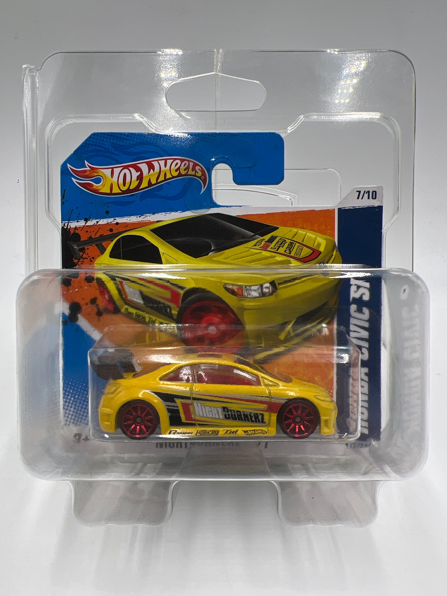 2011 Hot Wheels Short Card Nightburnerz #117 Honda Civic Si Yellow W/Protector