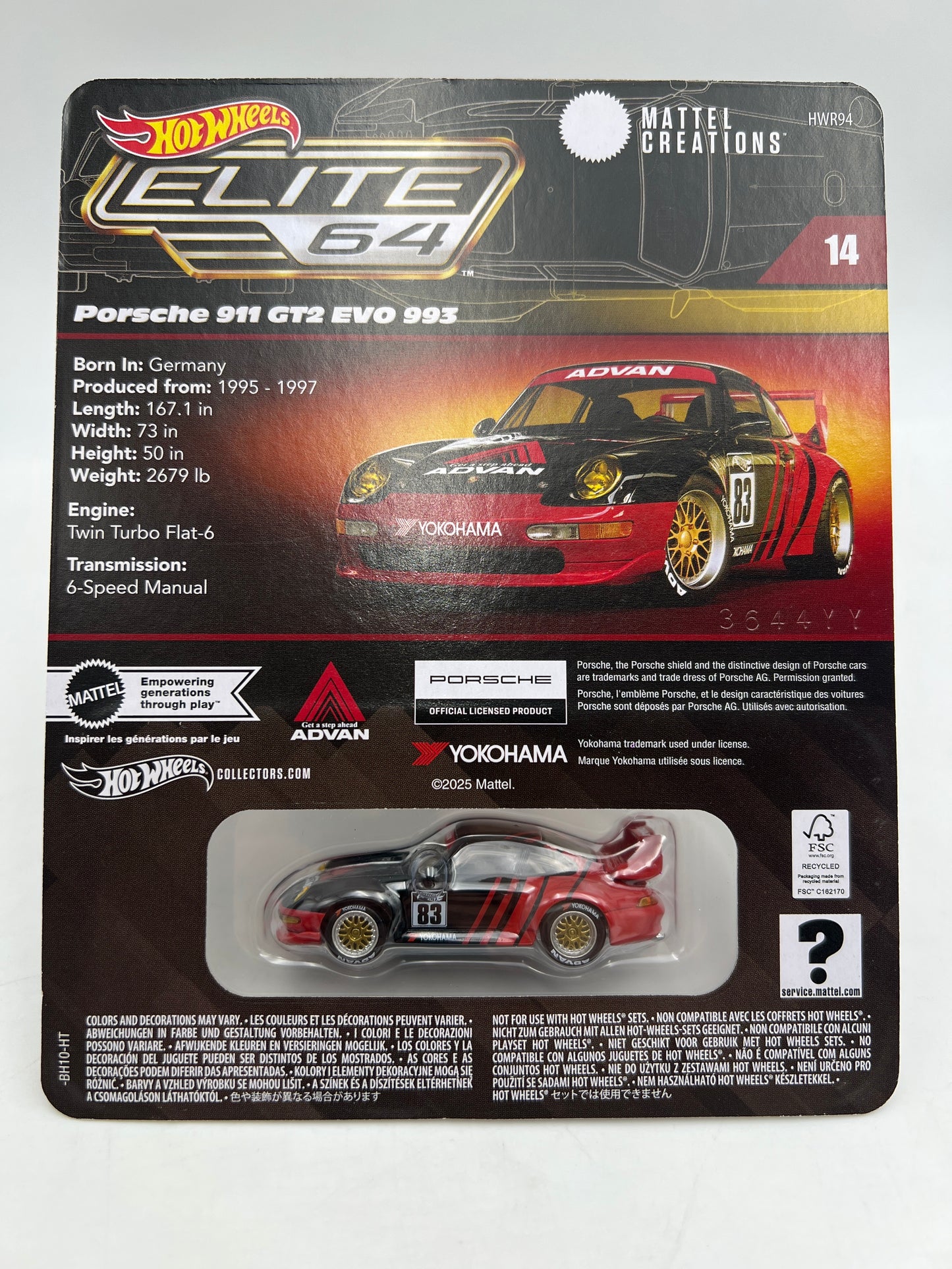 2025 Hot Wheels RLC Elite 64 #14 Advan Porsche 911 GT2 Evo 993 W/Protector