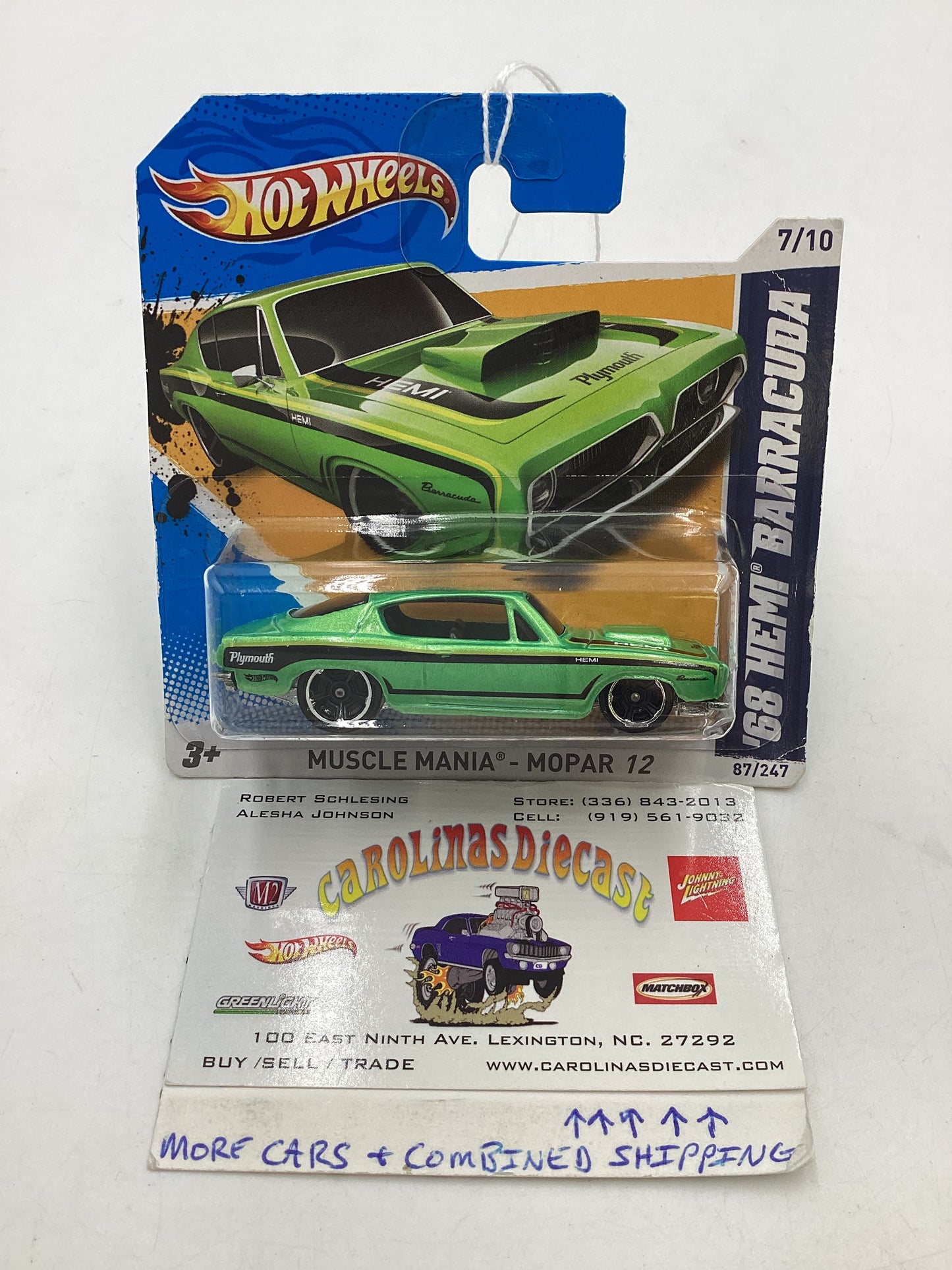 2012 Hot Wheels Muscle Mania Mopar #87 68 Hemi Barracuda Green Short Card 42C