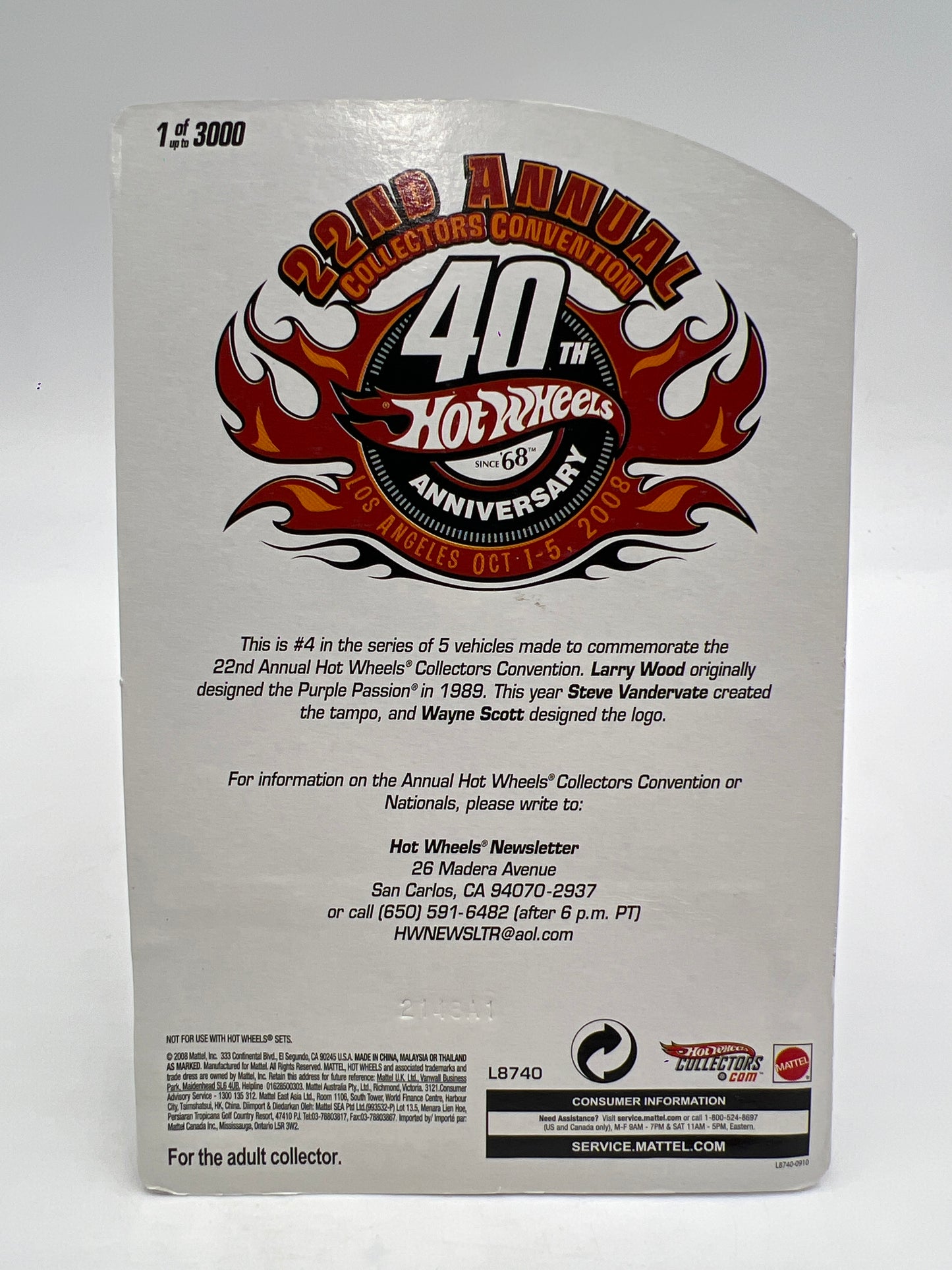 2008 Hot Wheels 22nd Annual Collectors Convention LA 1 of 3000 Purple Passion W/Protector