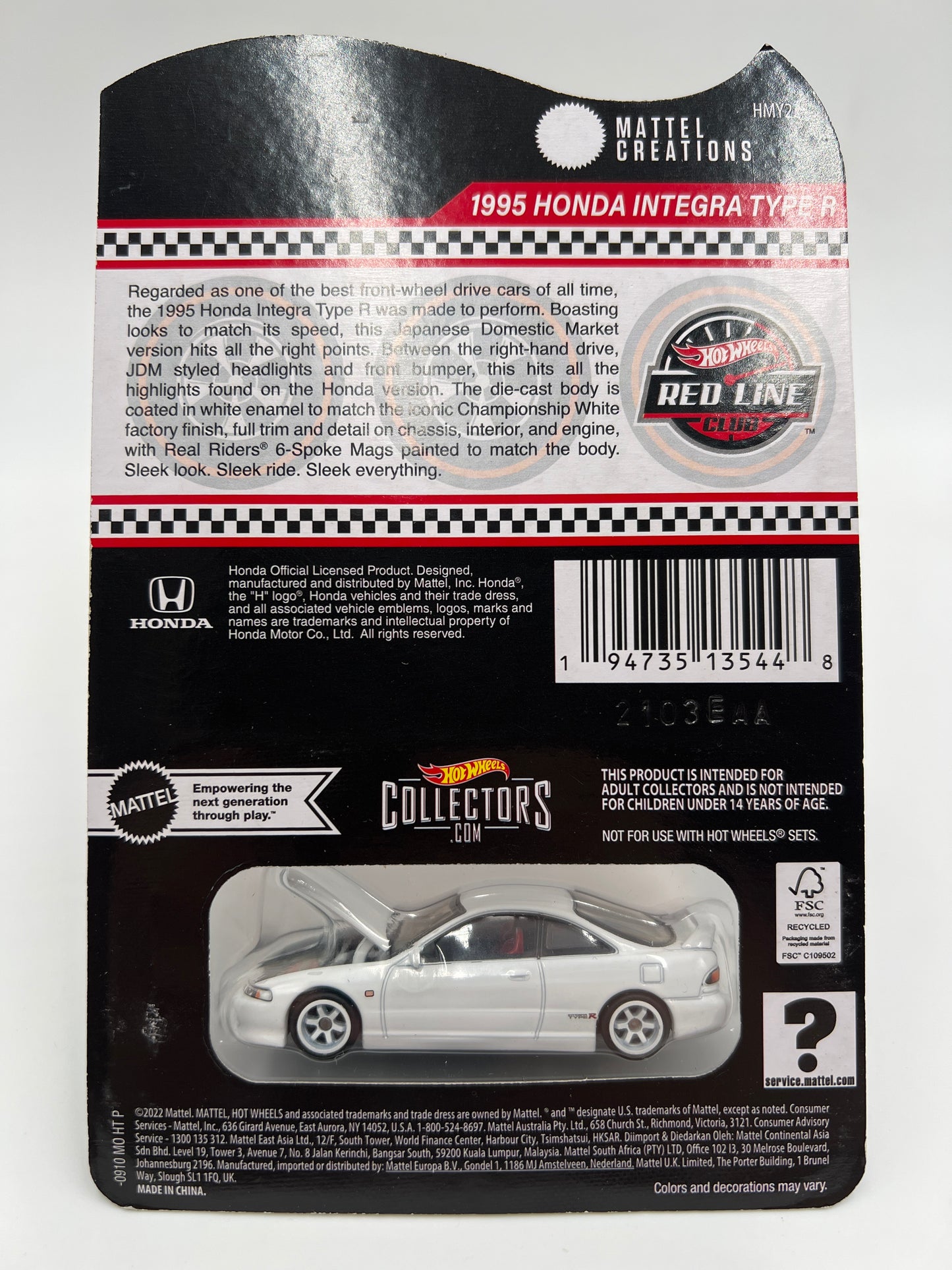 Hot Wheels RLC 1995 Honda Integra Type R White W/Protector