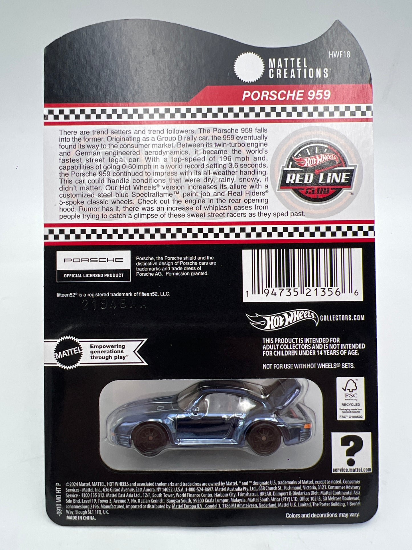 Hot Wheels RLC Porsche 959 Blue W/Protector