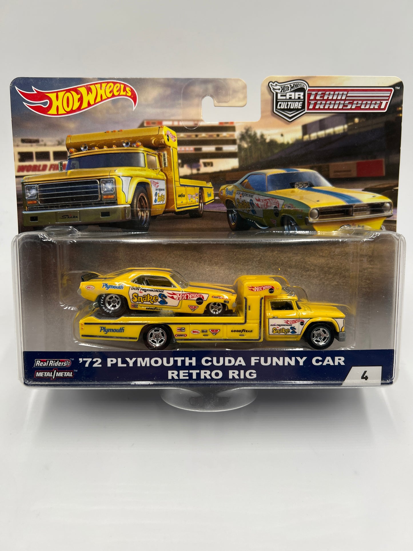 Hot Wheels Car Culture Team Transport #4 72 Plymouth Cuda Funny Car Snake & Retro Rig W/Protector Cracked Blister