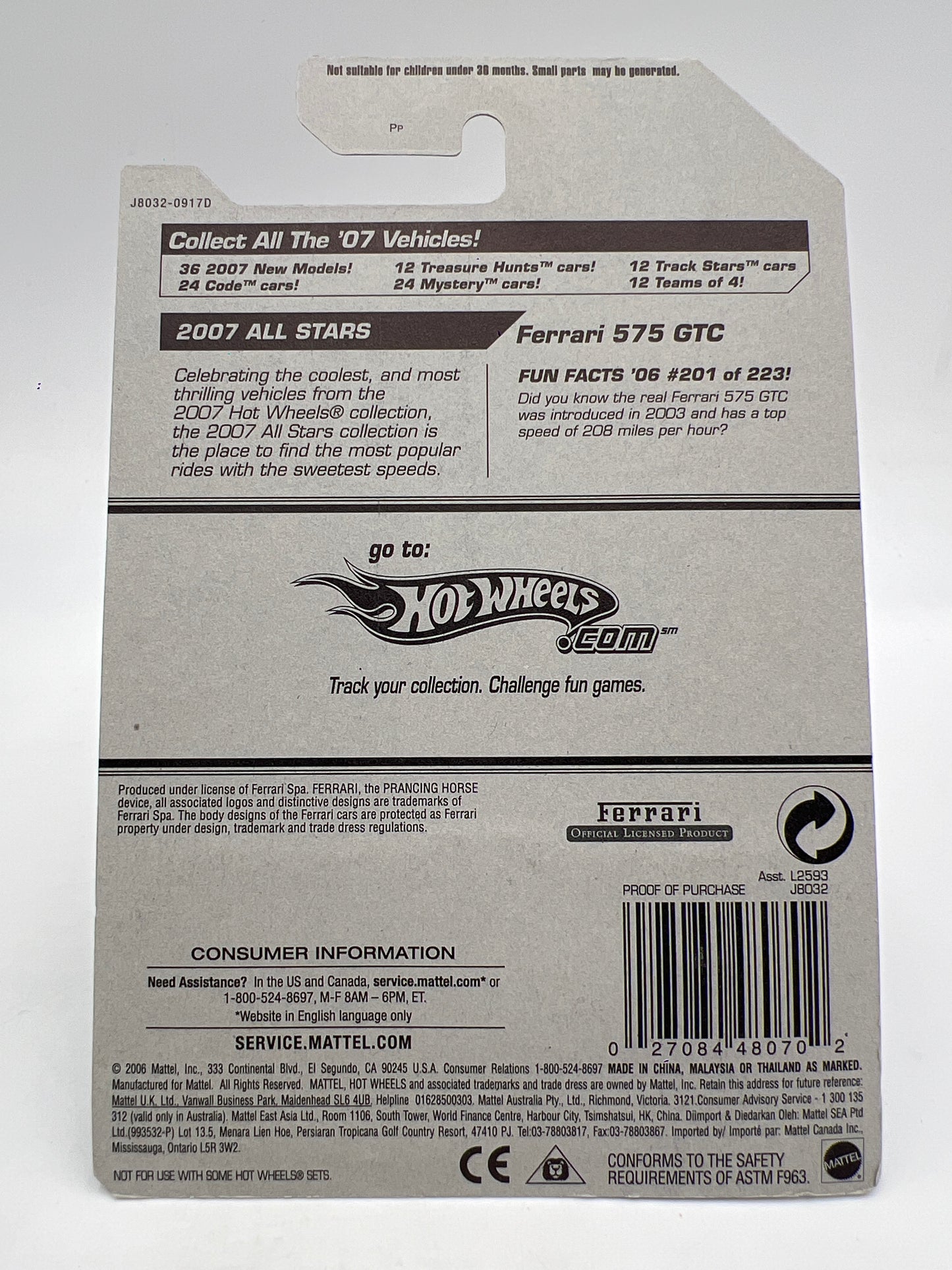 2006 Hot Wheels 2 Pack All Stars #201 Ferrari 575 GTC Silver Long & Short Card W/Protector SR