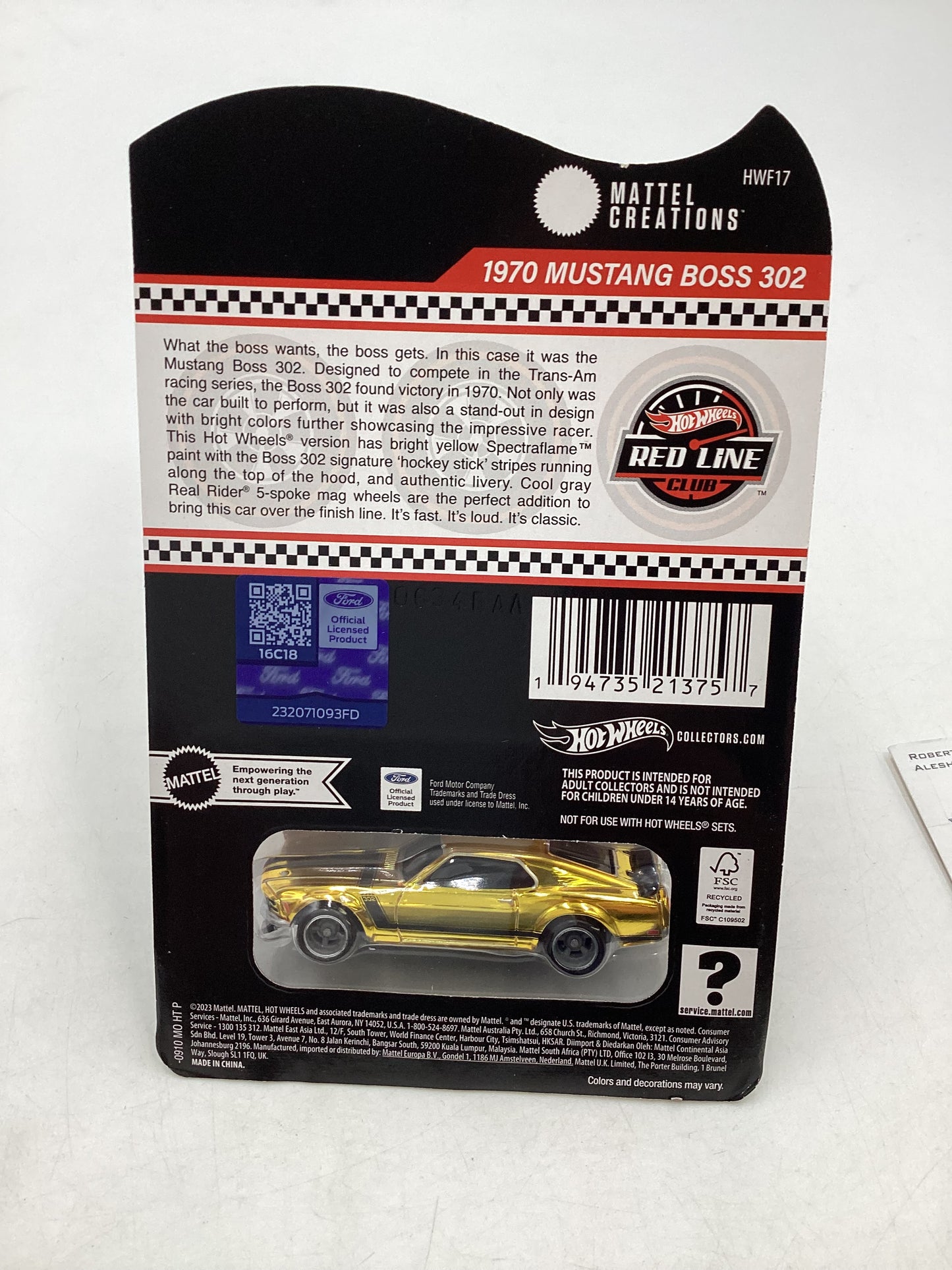 2024 Hot wheels RLC Gold 1970 Ford Mustang Boss 302 with protector