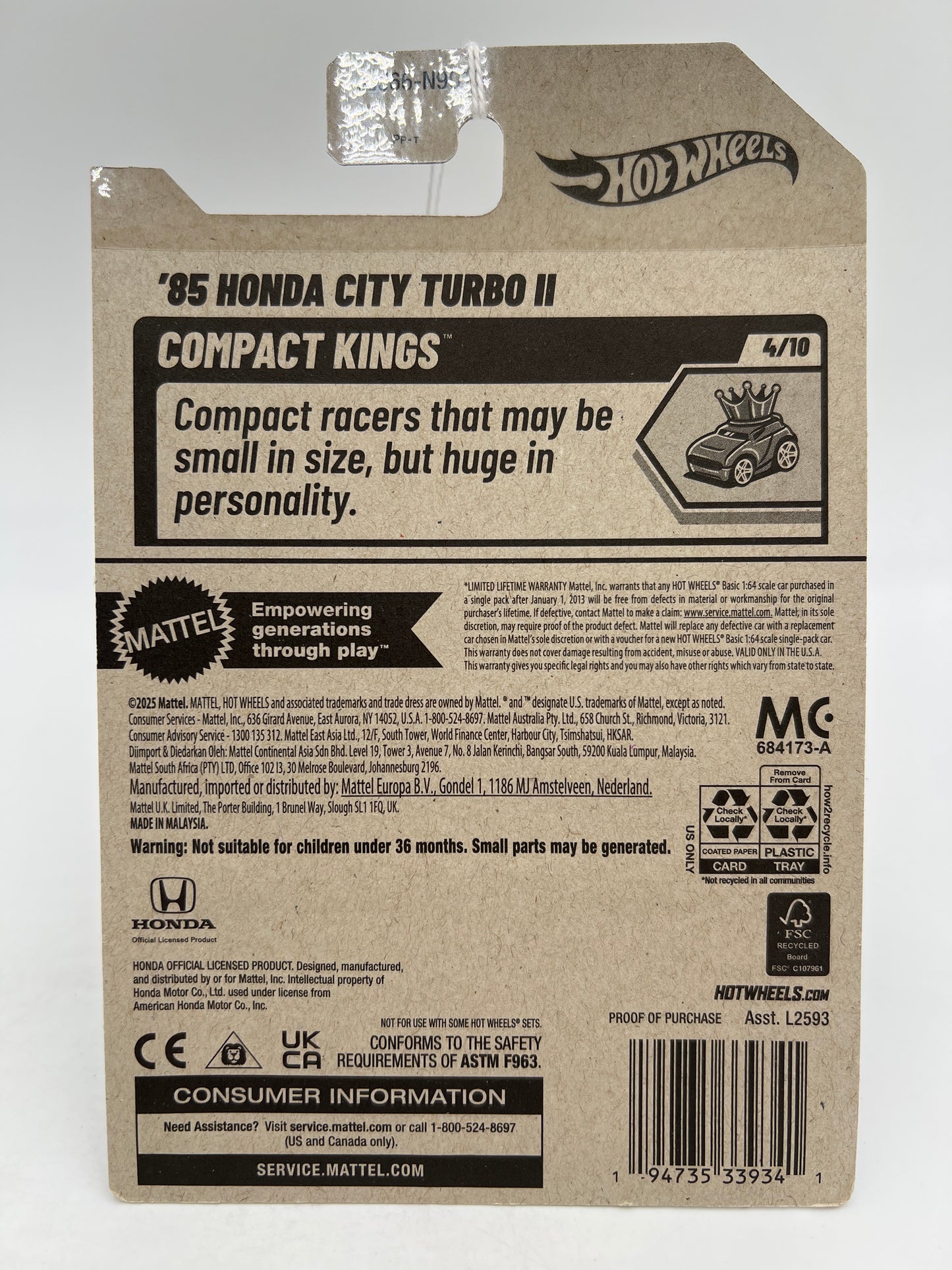 2026 Hot Wheels E Case #105 85 Honda City Turbo II Black