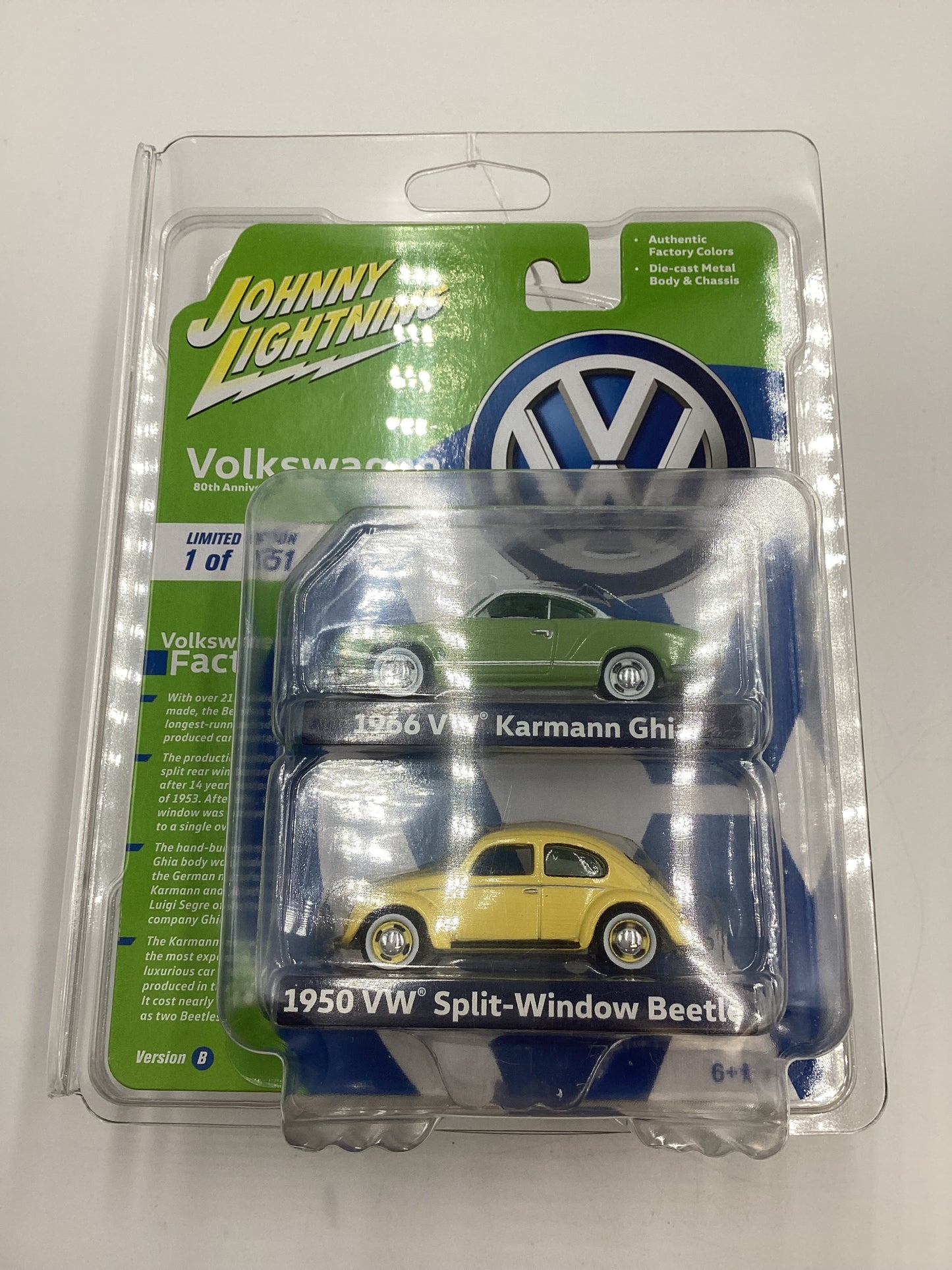 Johnny Lightning 2 Pack 1/1251 1966 VW Karmann Ghia Green 1950 VW Split Window Beetle Yellow with protector