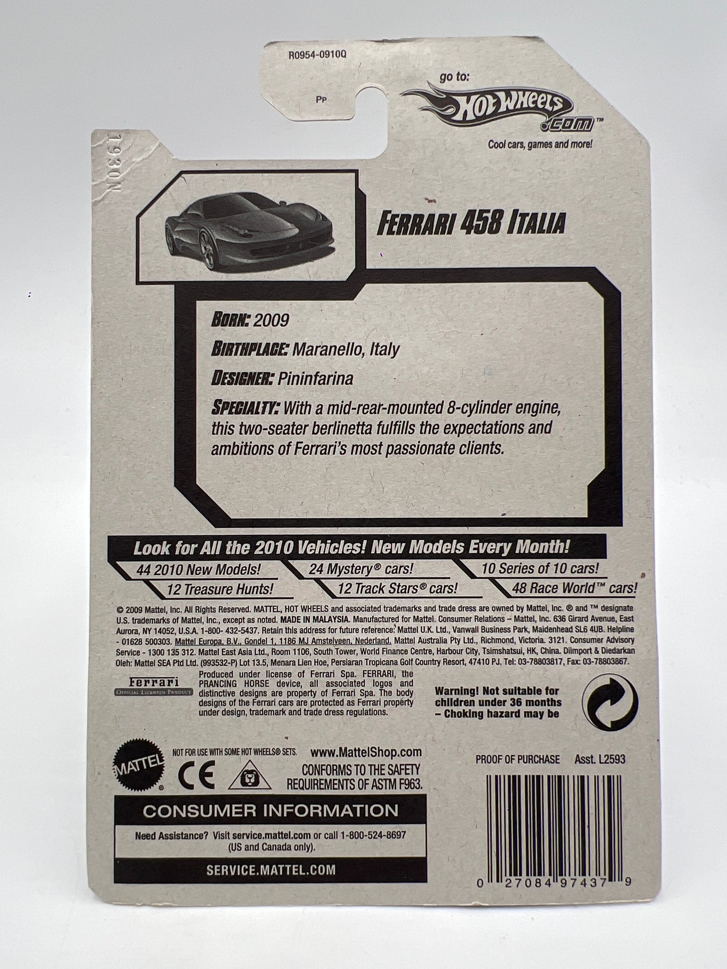 2010 Hot Wheels New Models #34 Ferrari 458 Italia Red W/Protector