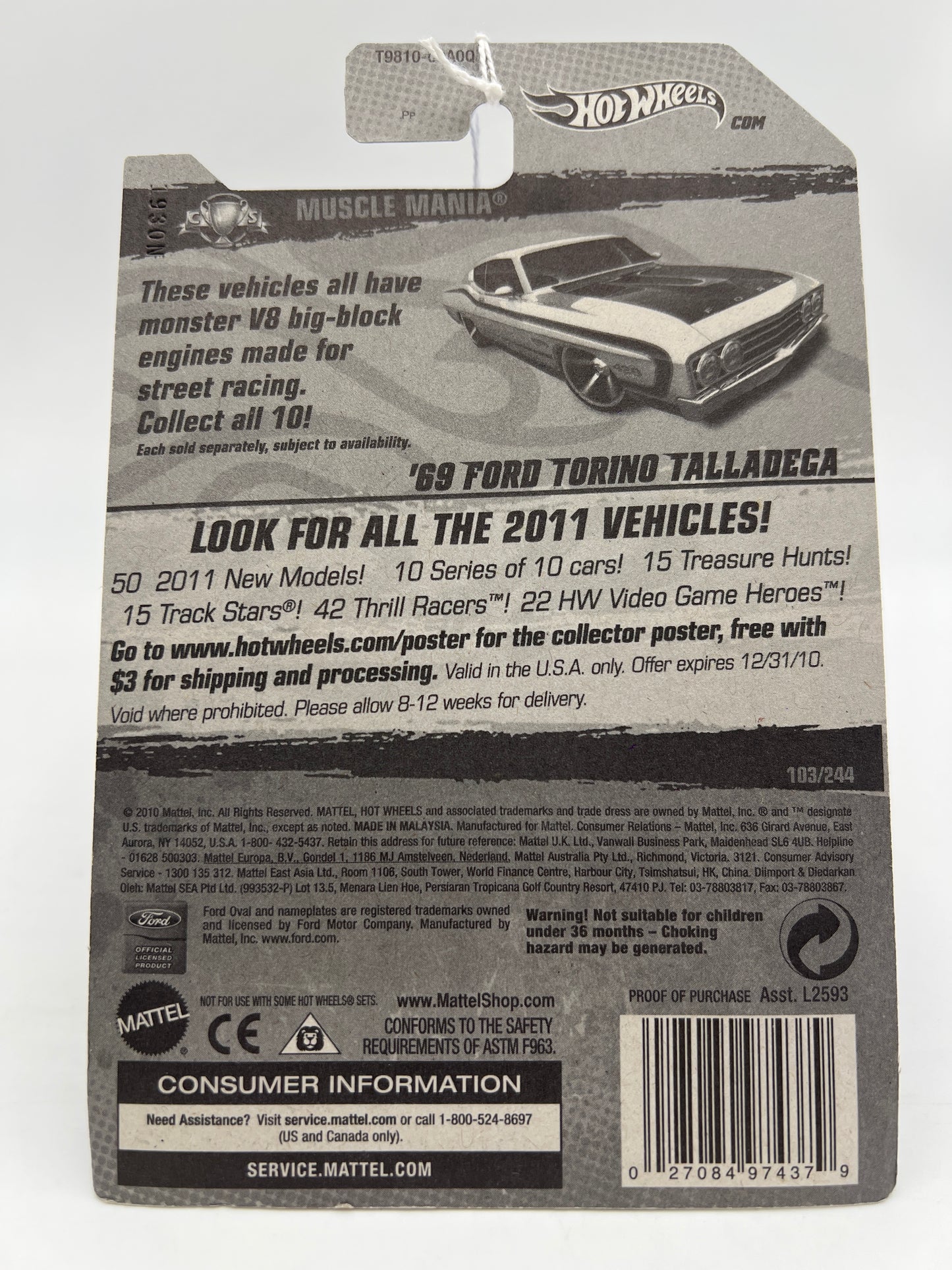 2011 Hot Wheels Muscle Mania #103 69 Ford Torino Talladega White 34B