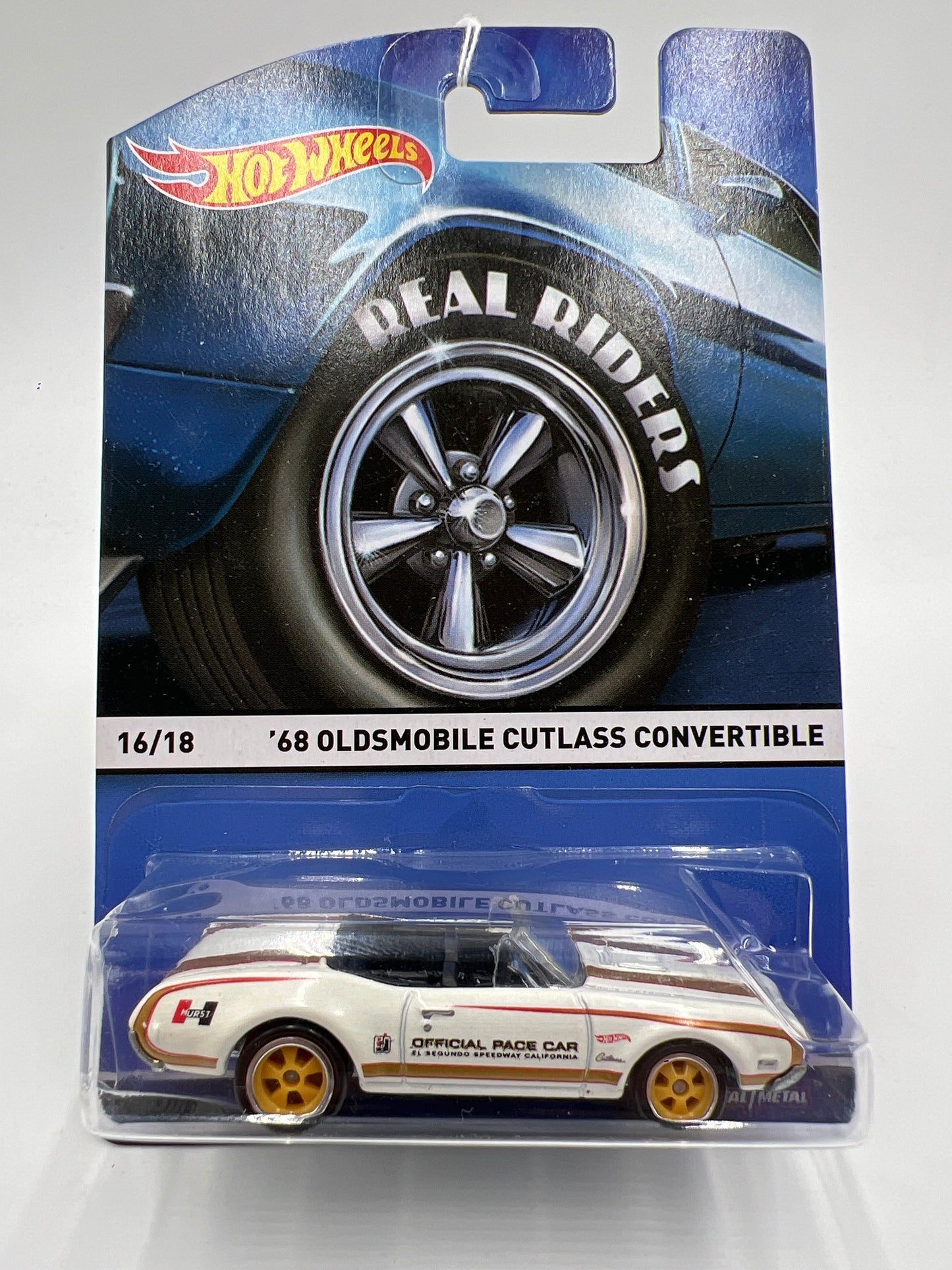Hot Wheels Premium Heritage Real Riders #16 68 Oldsmobile Cutlass Convertible Hurst White Blister Not Perfect