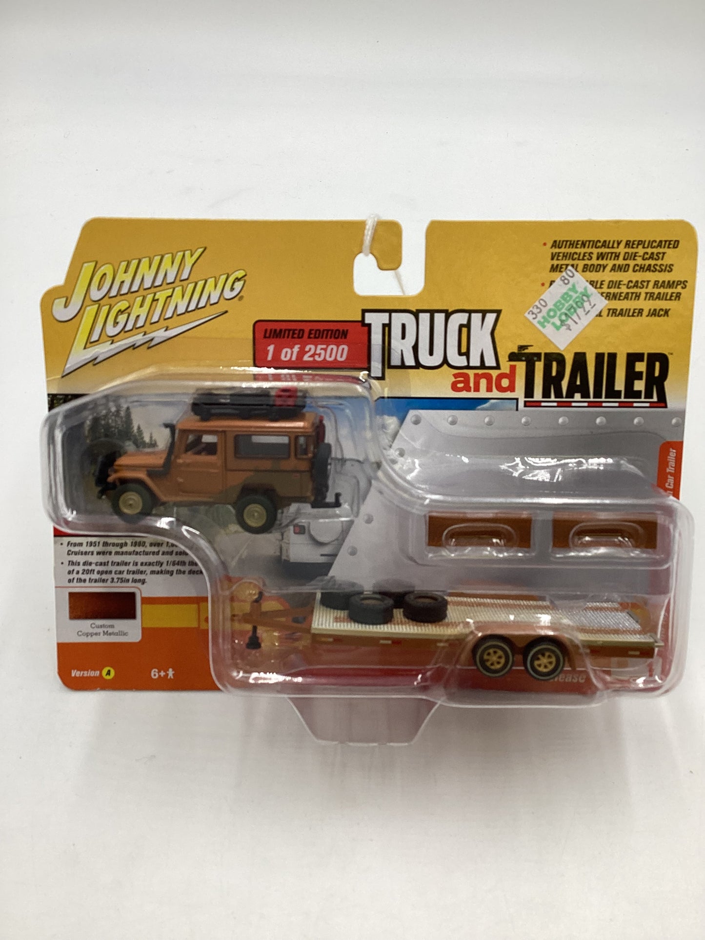 Johnny Lightning Truck And Trailer Release 1 1980 Toyota Land Cruiser with open car trailer