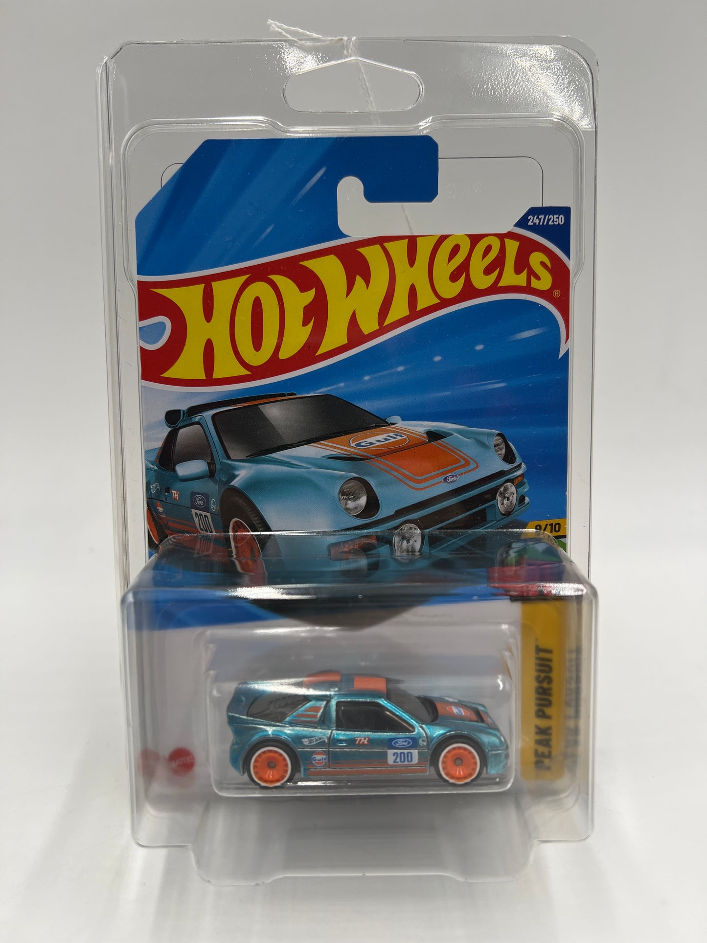 2025 Hot Wheels Q Case Super Treasure Hunt #247 Ford RS200 Gulf Blue W/Protector Intl Card 1