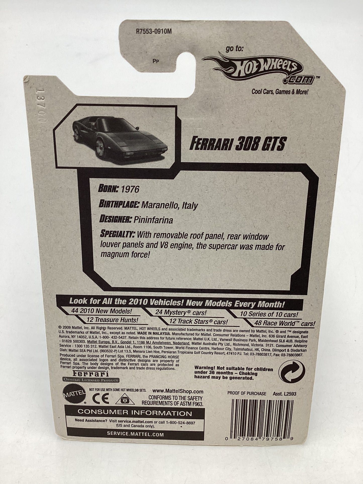 2010 Hot Wheels #128 Blue Ferrari 308 GTS with protector