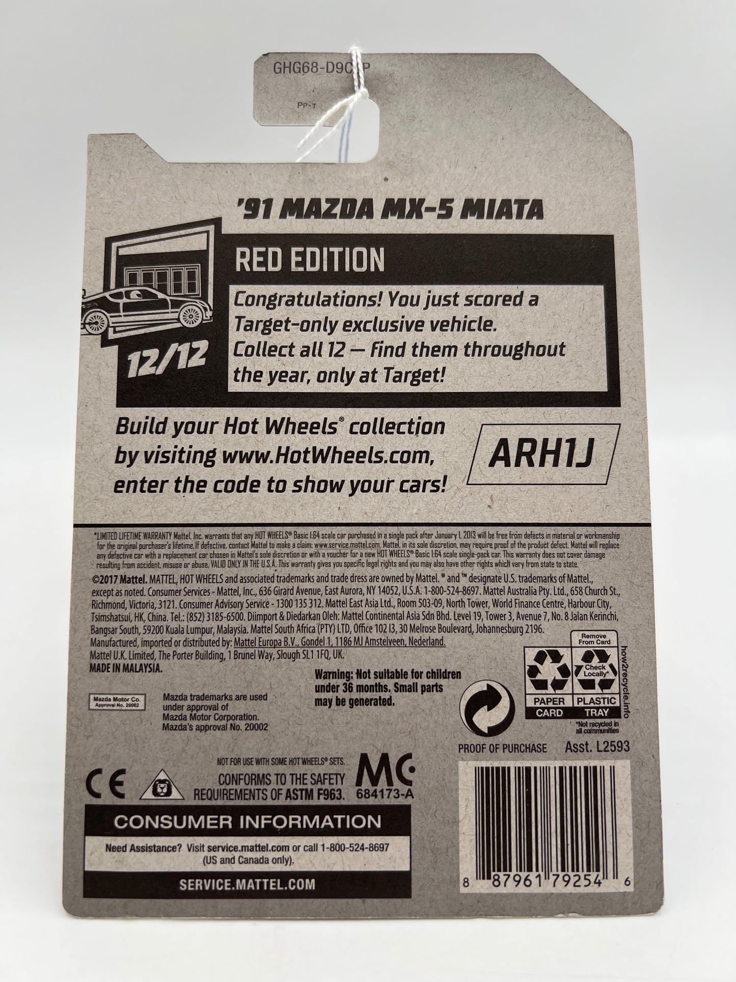 2020 Hot Wheels Target Exclusive Red Edition #208 91 Mazda MX-5 Miata White 148A