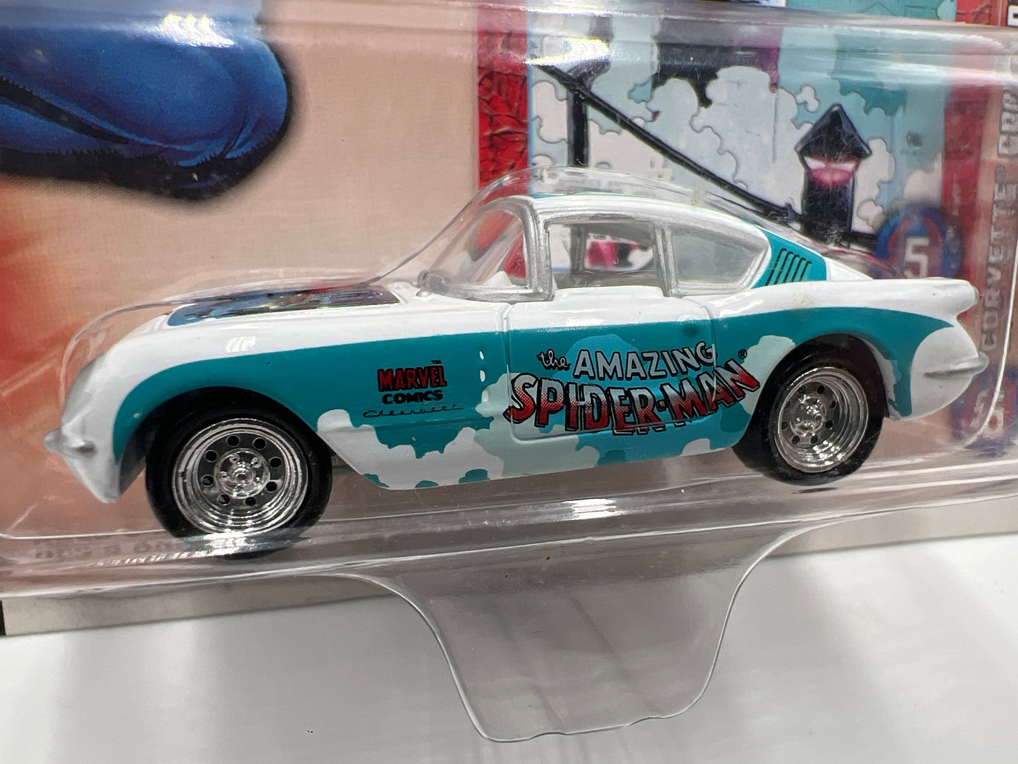 Johnny Lightning White Lightning Chase Marvel Spider-Man #5 Corvette Corvair White/Blue