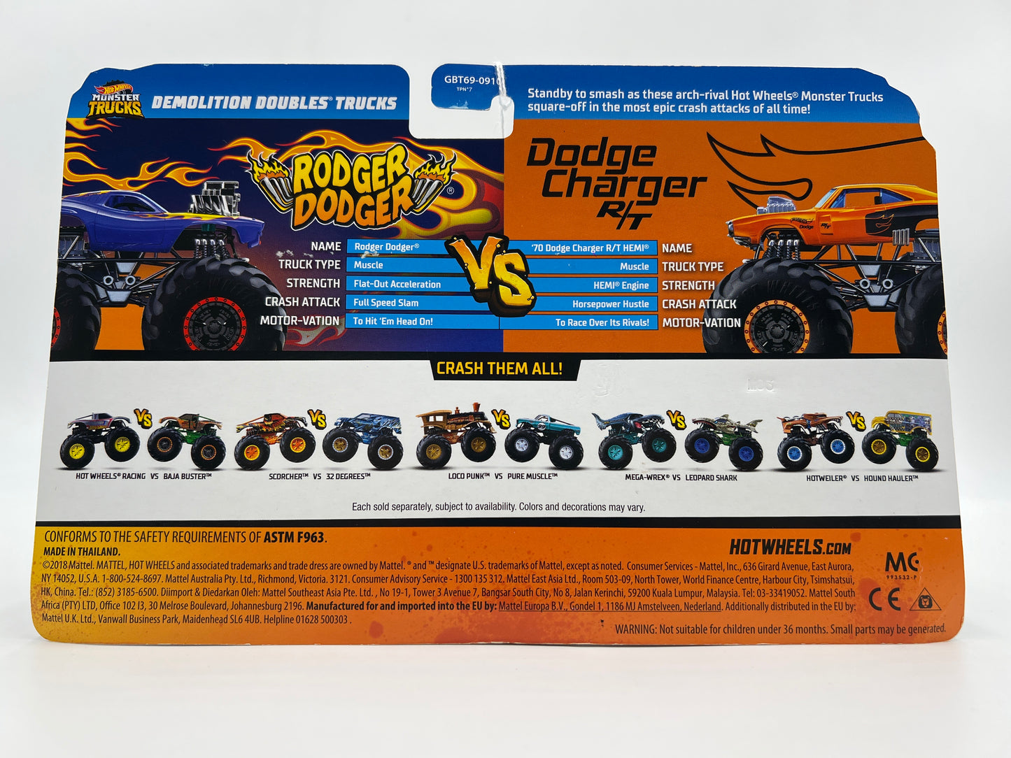 Hot Wheels Monster Trucks Demolition Doubles Rodger Dodger Vs Dodge Charger R/T 136H