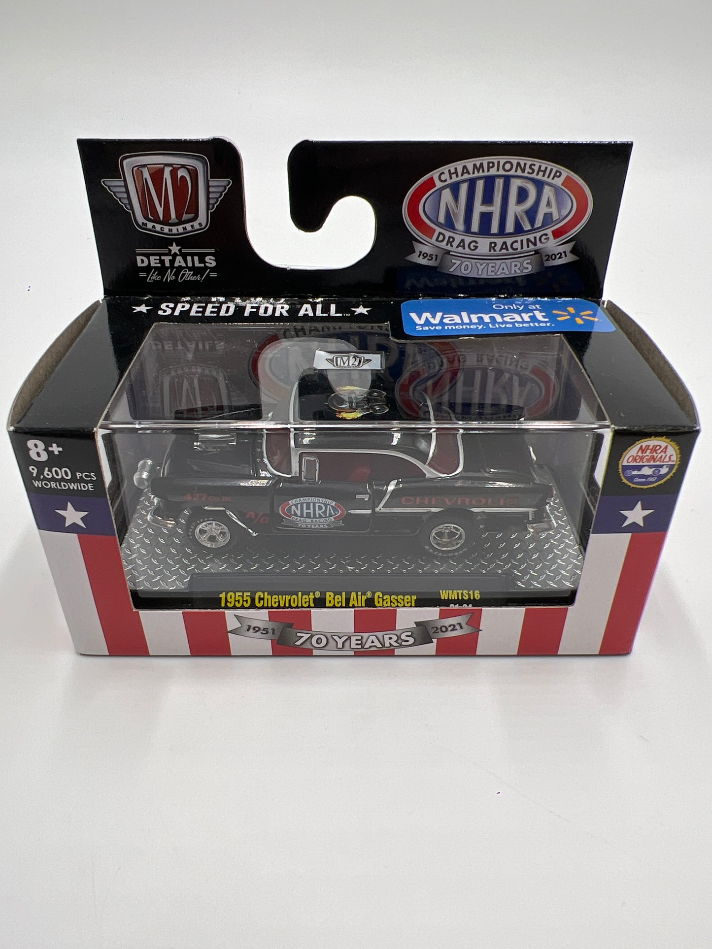 2021 M2 Machines NHRA 70 Years Walmart Exclusive 1955 Chevrolet Bel Air Gasser Black WMTS16