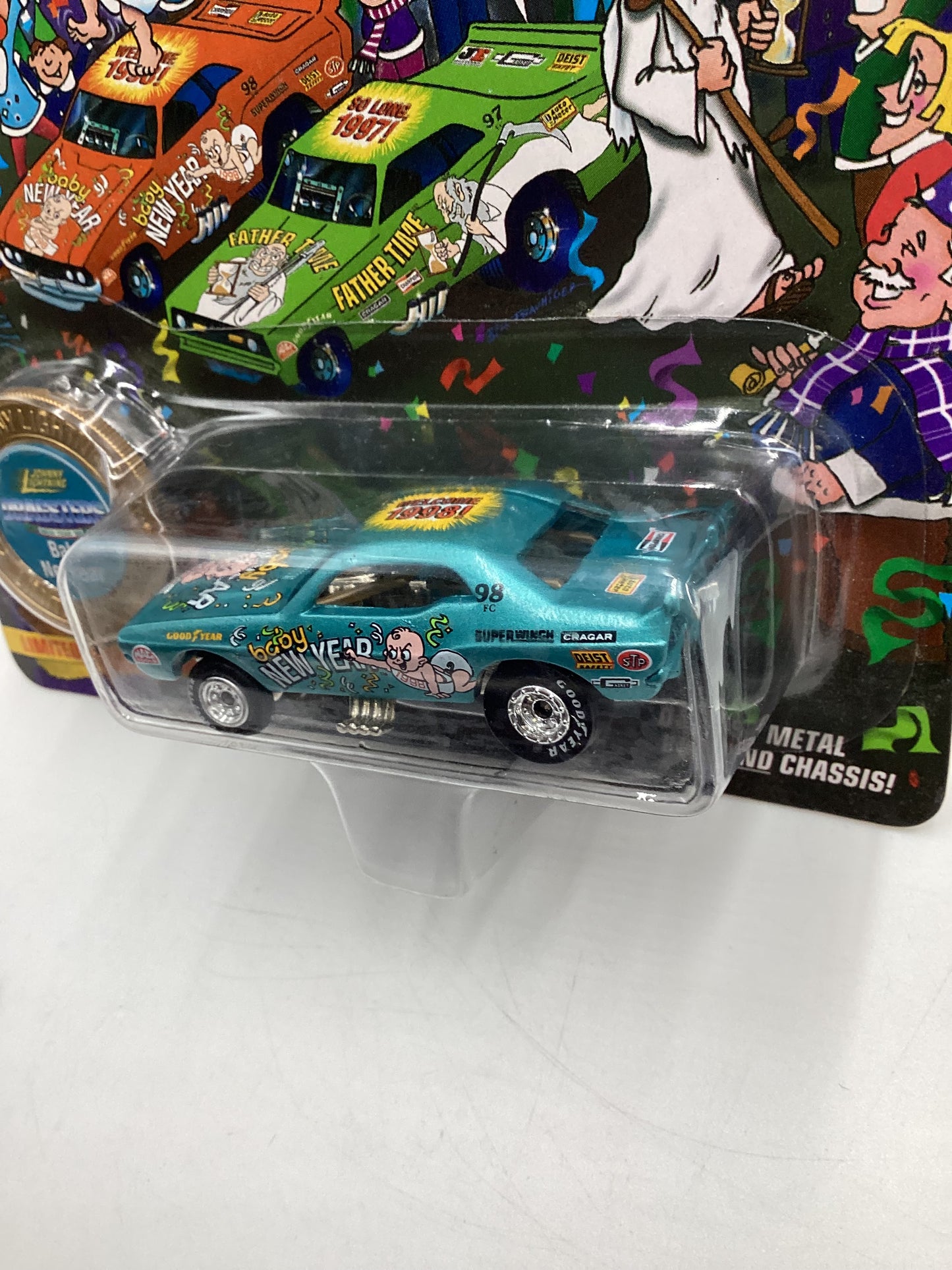 Johnny Lightning Dragsters New Year 98 #8595/15000 Baby New Year Blue Crease Left Side