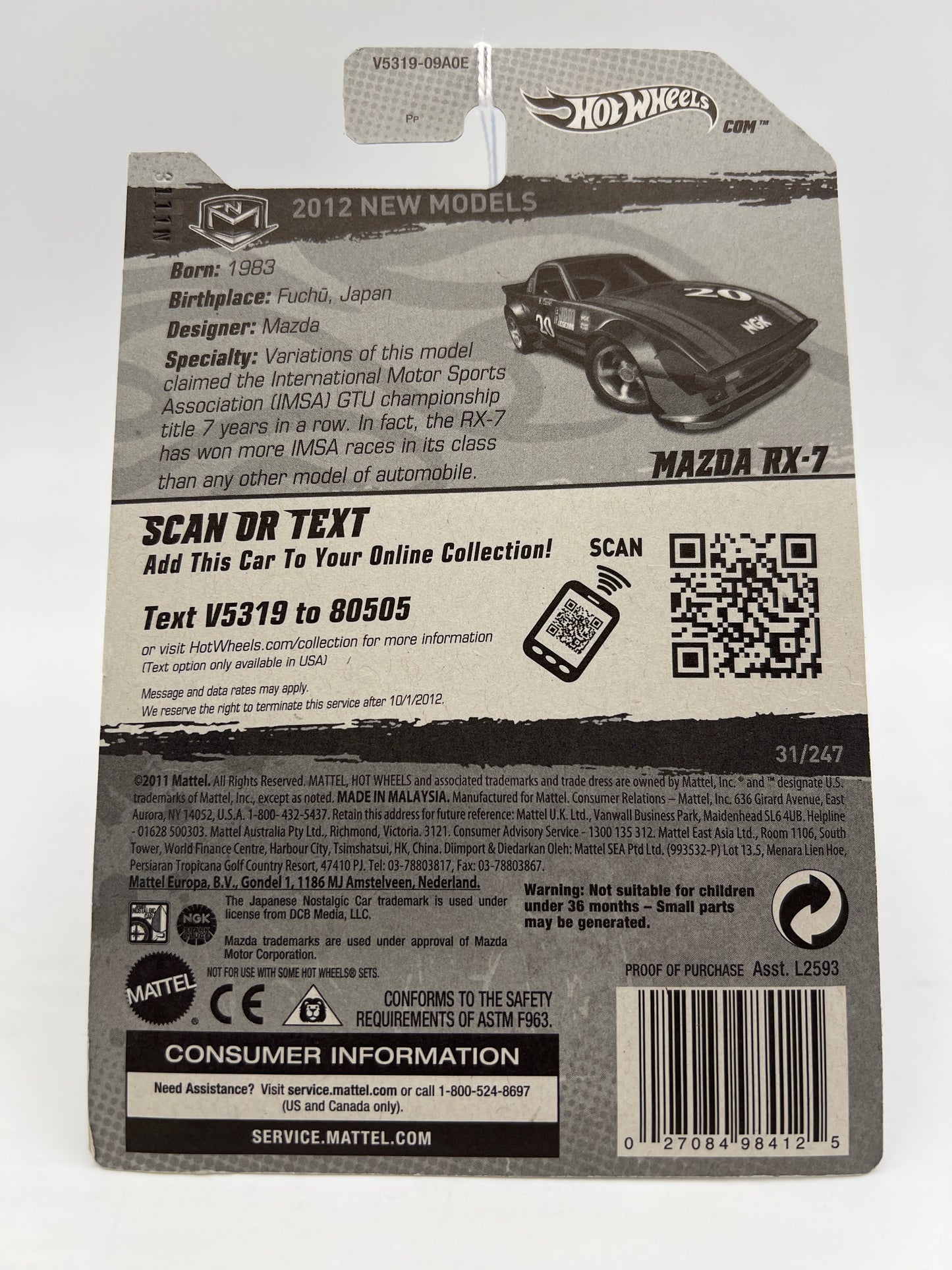 2012 Hot Wheels New Models #31 Mazda RX-7 Black 86C