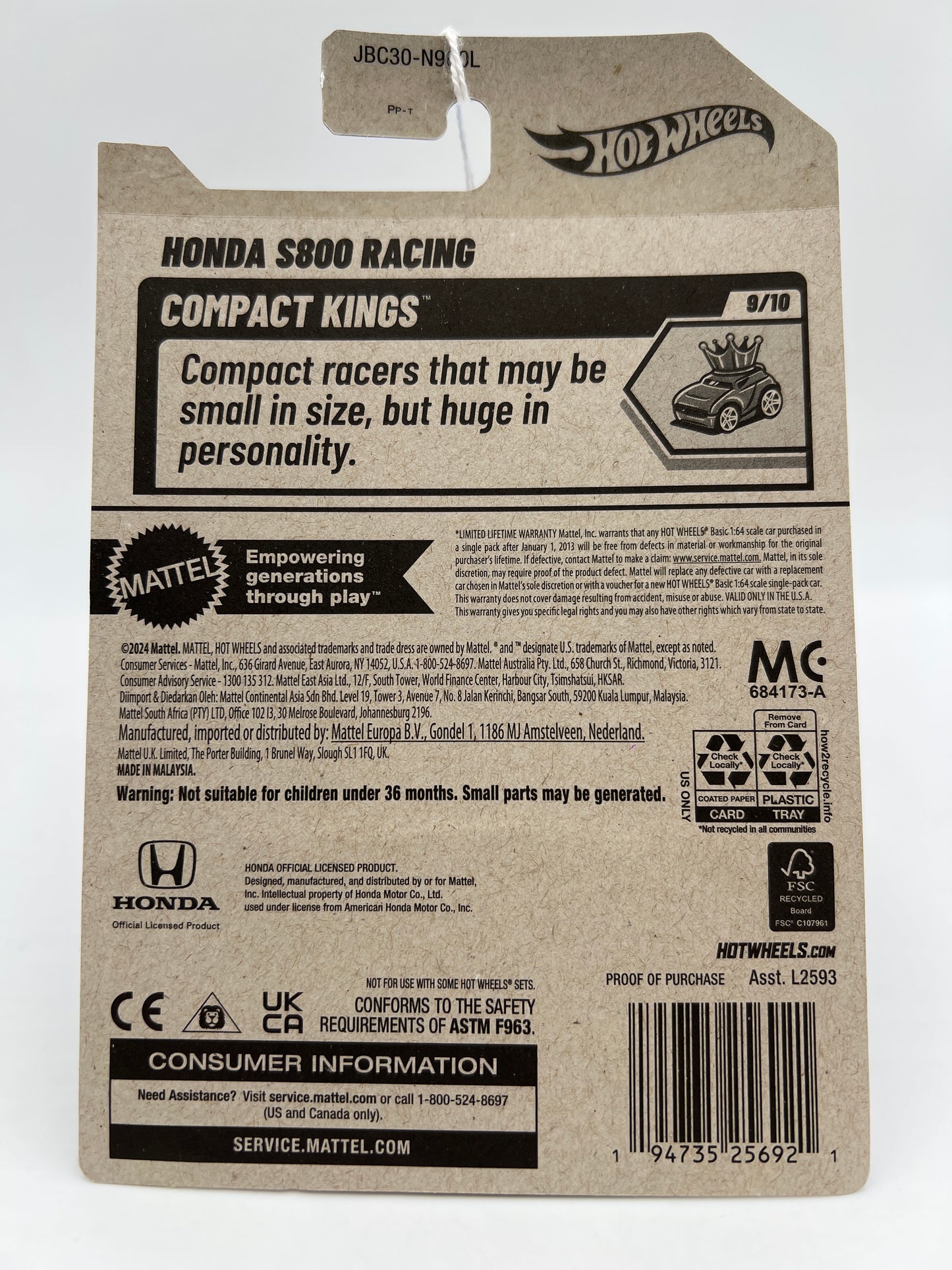 2025 Hot Wheels L Case Treasure Hunt Compact Kings #212 Honda S800 Racing Orange 276C