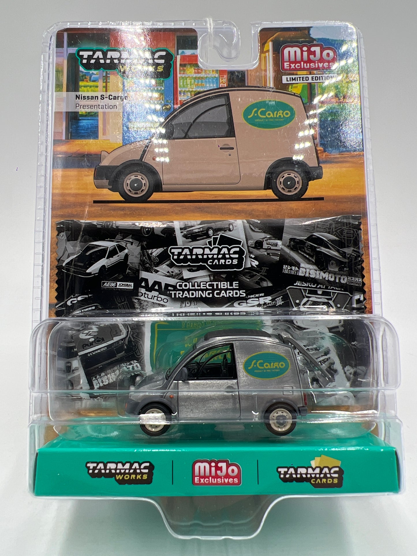 Tarmac Works Mijo Exclusives CHASE Nissan S-Cargo Presentation W/Trading Cards
