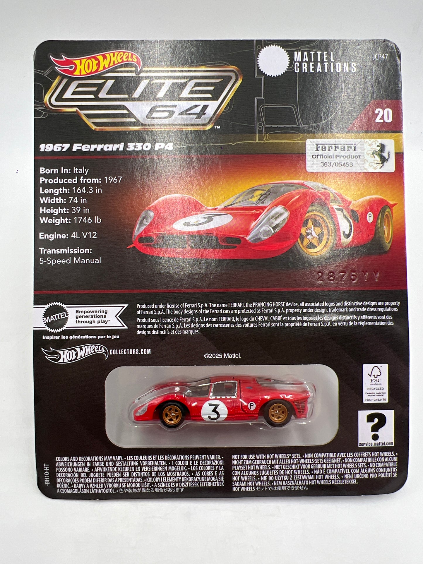 2025 Hot Wheels RLC Elite 64 #20 Ferrari 330 P4 Red W/Protector