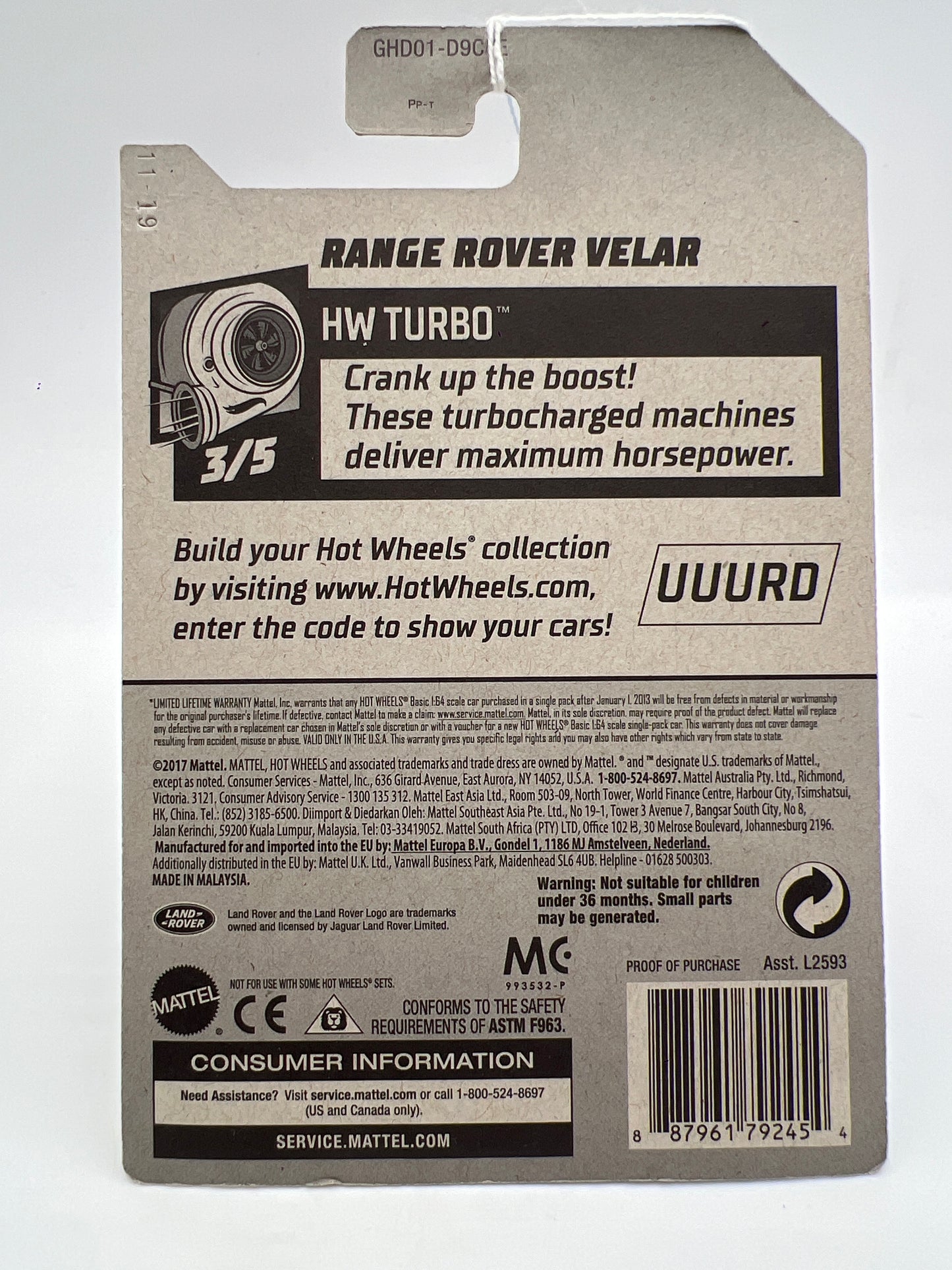 2020 Hot Wheels Turbo #119 Range Rover Velar Black 51B