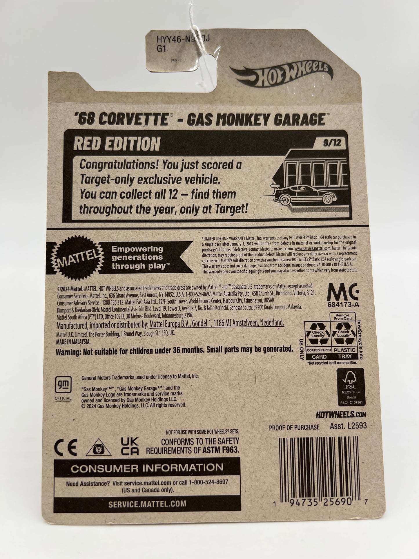2025 Hot Wheels Target Exclusive Red Edition #134 68 Corvette Gas Monkey Garage White Bad J Hook