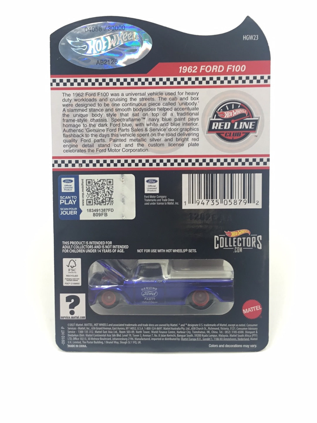 Hot wheels redline club 1962 Ford F-100 4058/30000 with protector