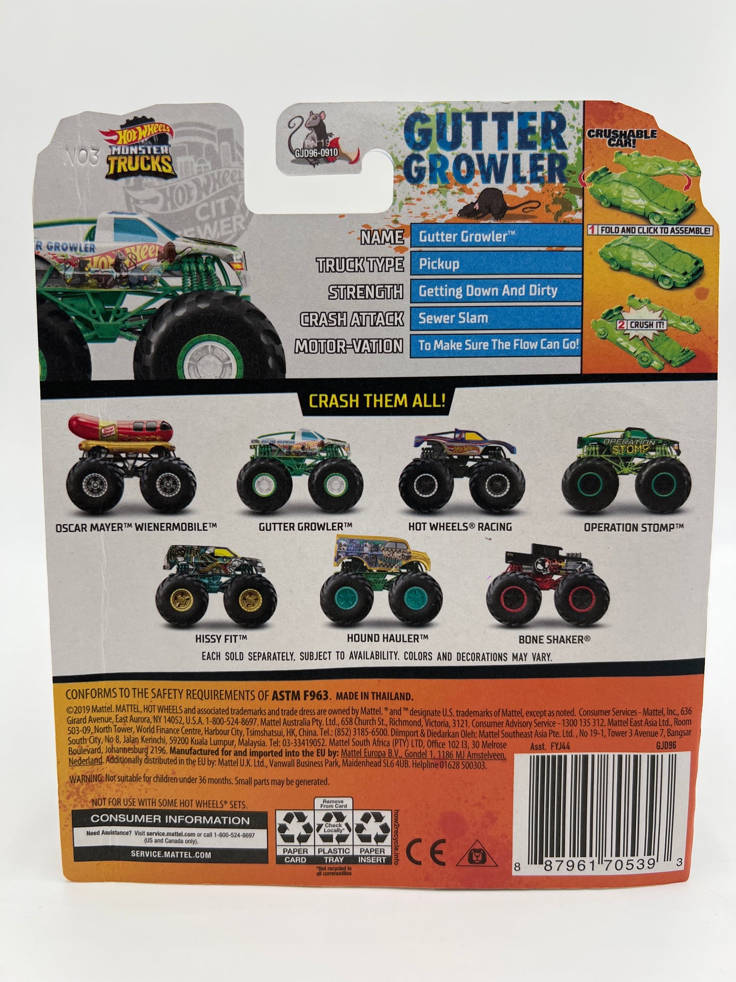2020 Hot Wheels Monster Trucks HW Metro #3 Gutter Growler W/Protector