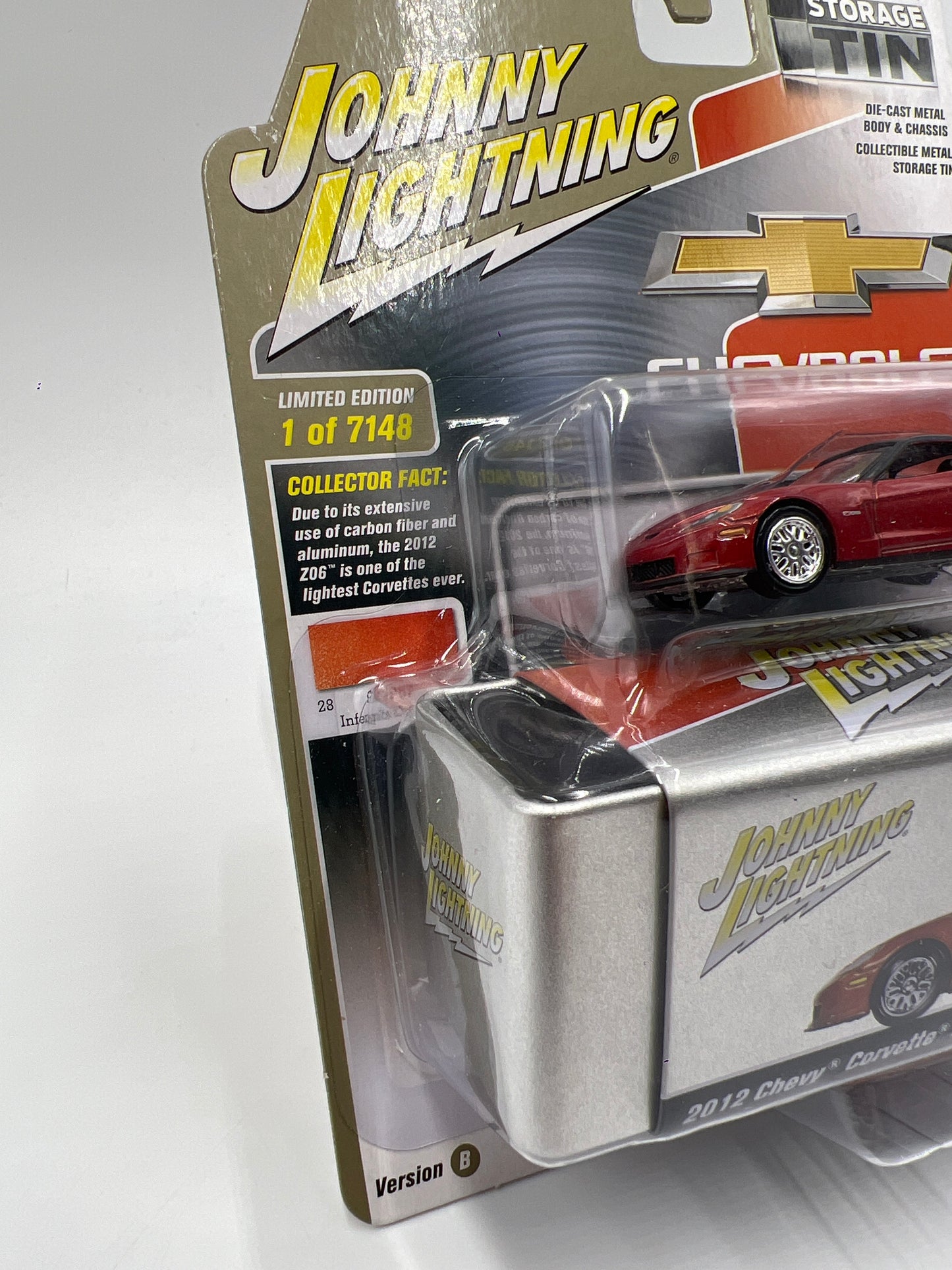 Johnny Lightning Storage Tin Release 1 Version B #1 2012 Chevy Corvette Z06 Orange 228F