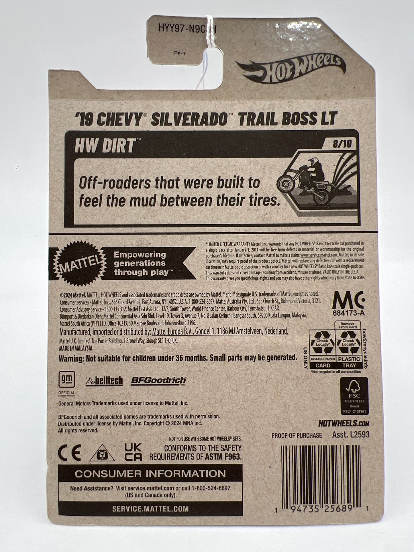 2025 Hot Wheels H Case Dirt #152 19 Chevy Silverado Trail Boss LT Blue 15B