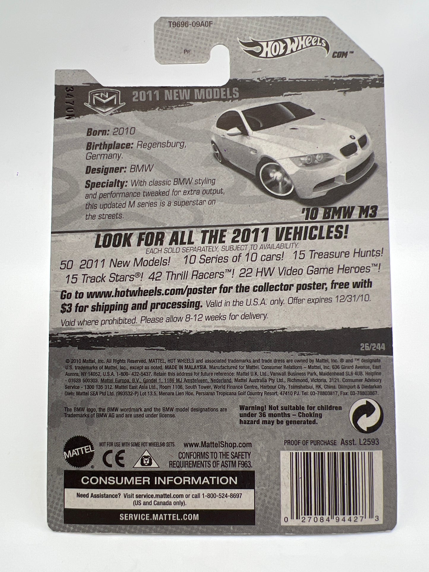 2011 Hot Wheels New Models #26 10 BMW M3 White W/Protector