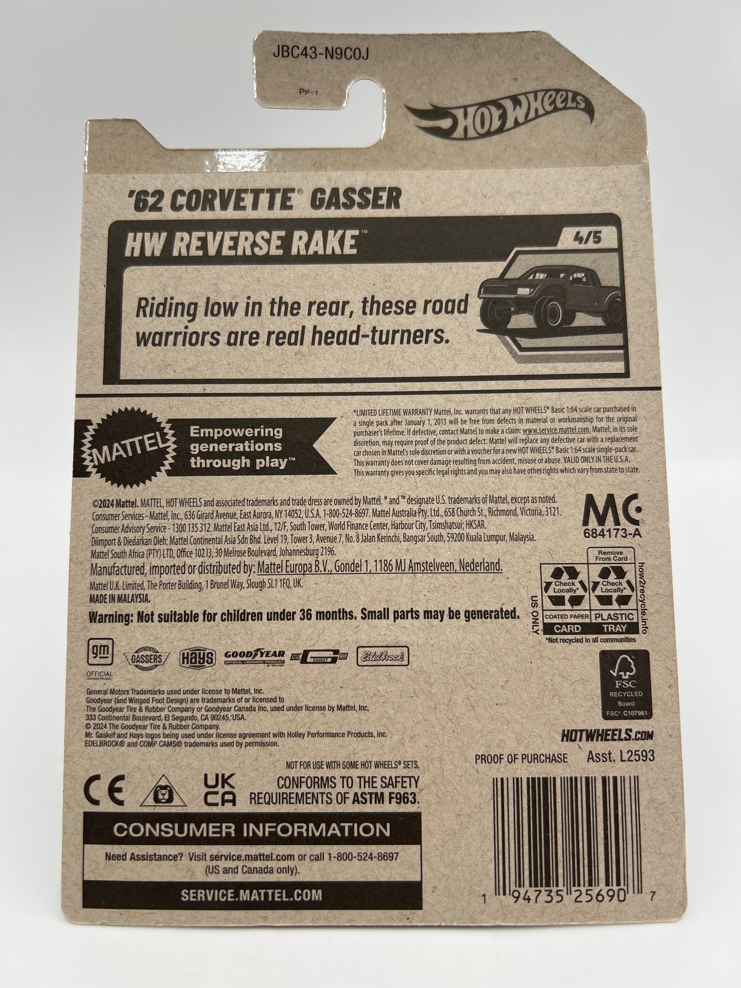 2025 Hot Wheels J Case Super Treasure Hunt #182 62 Corvette Gasser W/Protector