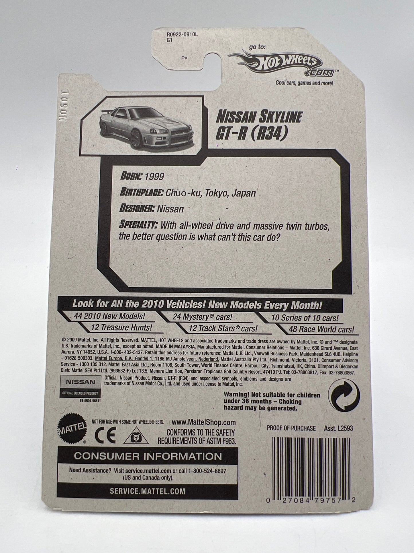 2010 Hot Wheels New Models #7 Nissan Skyline GT-R R34 Silver W/Protector