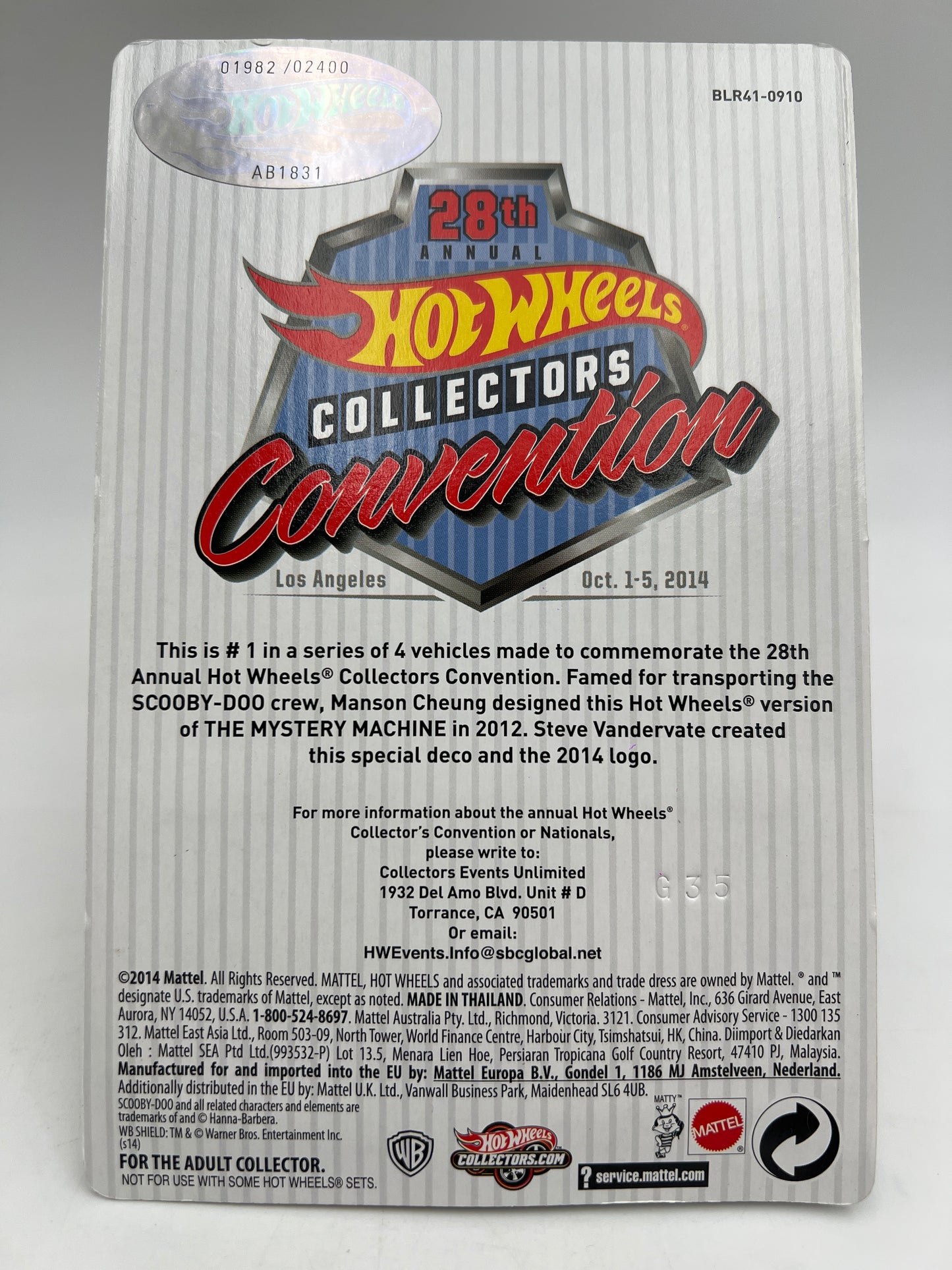 2014 Hot Wheels 28th Collectors Convention #1982/2000 The Mystery Machine W/Protector