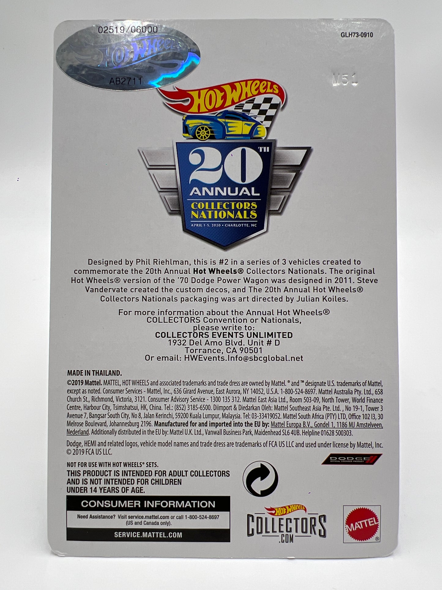 2020 Hot Wheels 20th Annual Collector Nationals 70 Dodge Power Wagon 2519/6000 Blue W/Protector