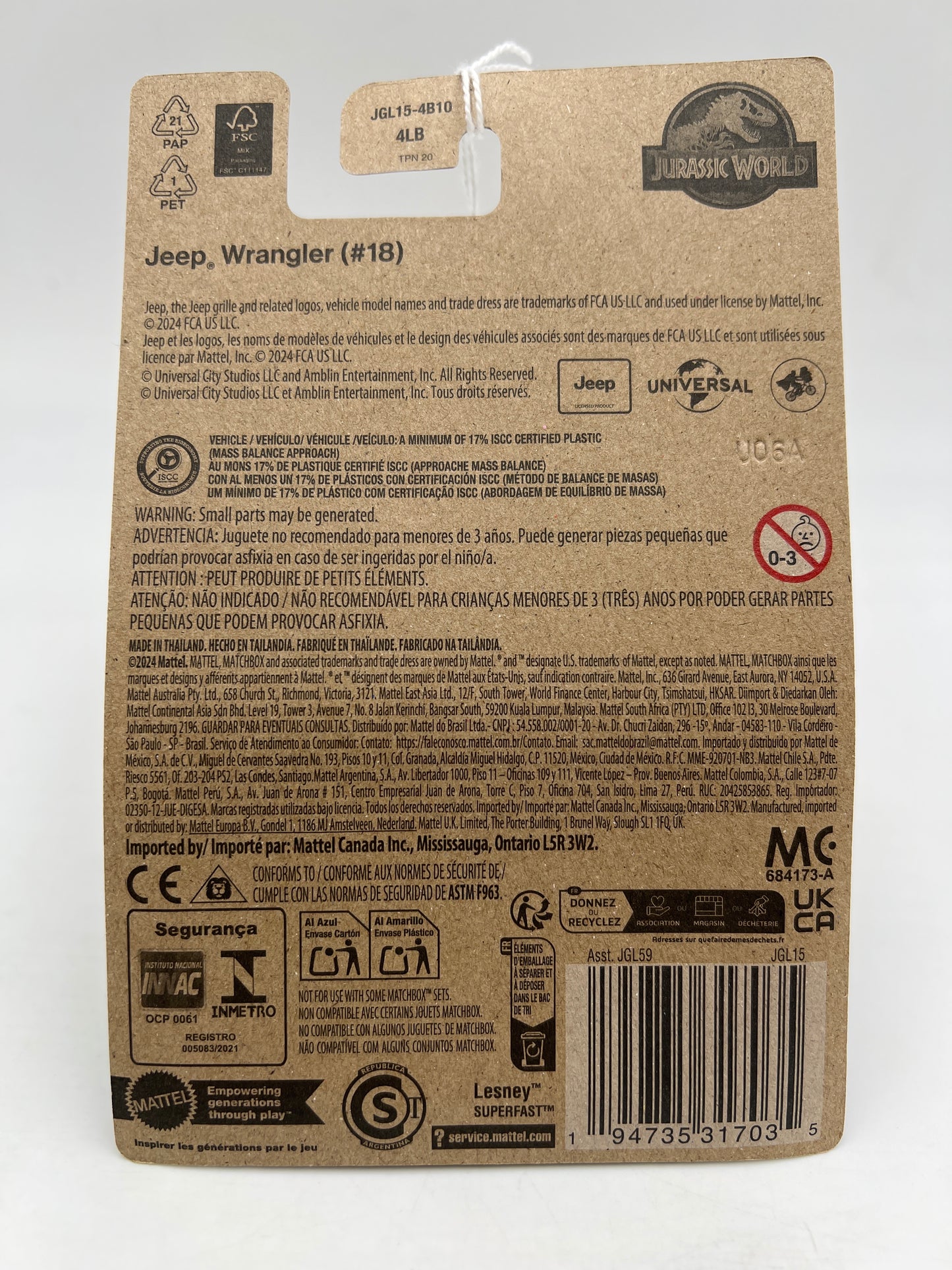 Matchbox Jurassic World Rebirth Jeep Wrangler #18 Green 159i