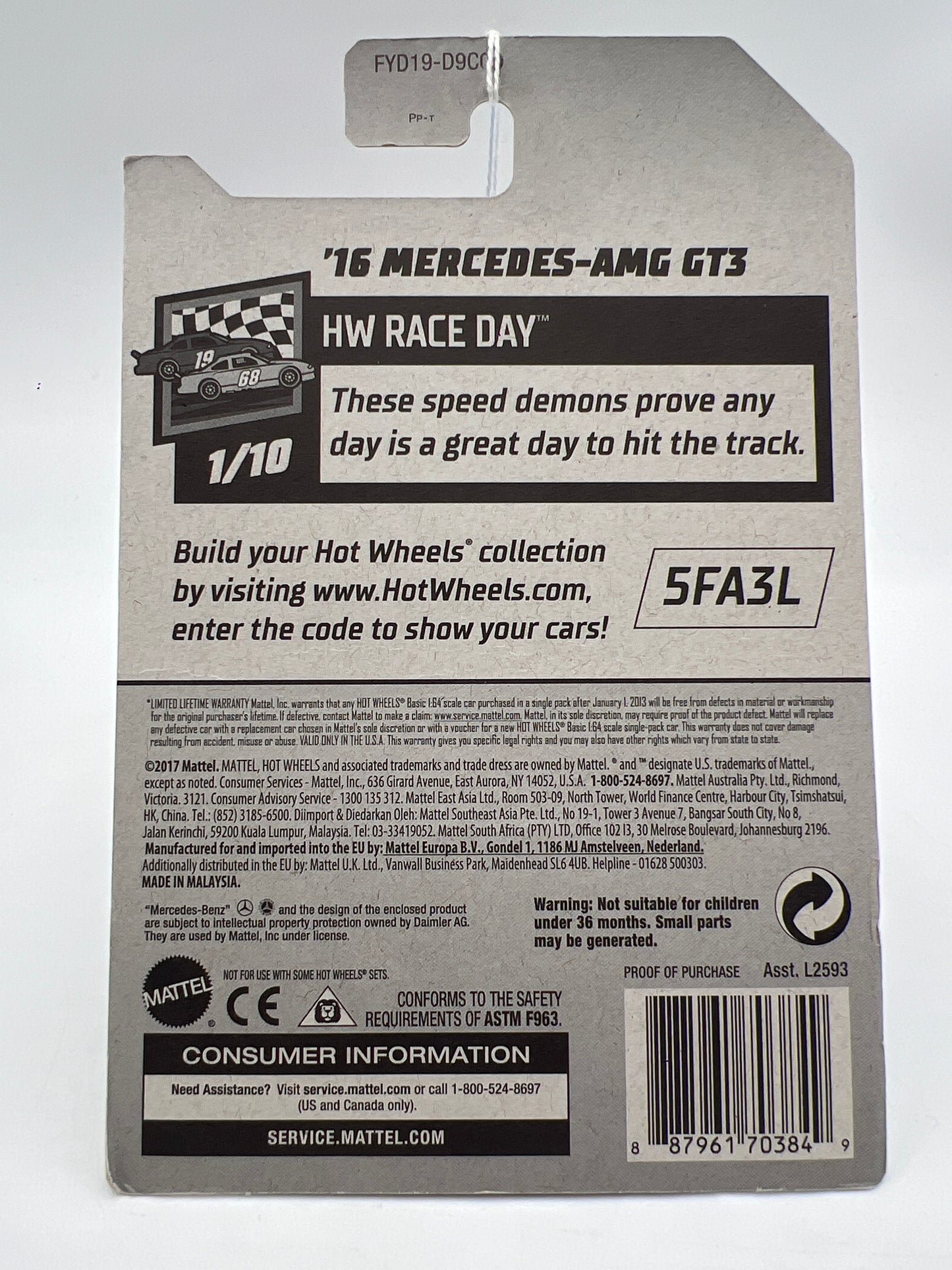 2019 Hot Wheels Race Day #74 16 Mercedes-AMG GT3 Yellow cracked blister 90G